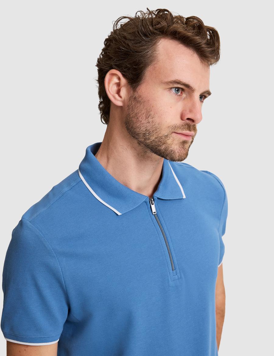Koyu Mavi Slim Fit %100 Pamuk Fermuarlı Polo Yaka Tişört