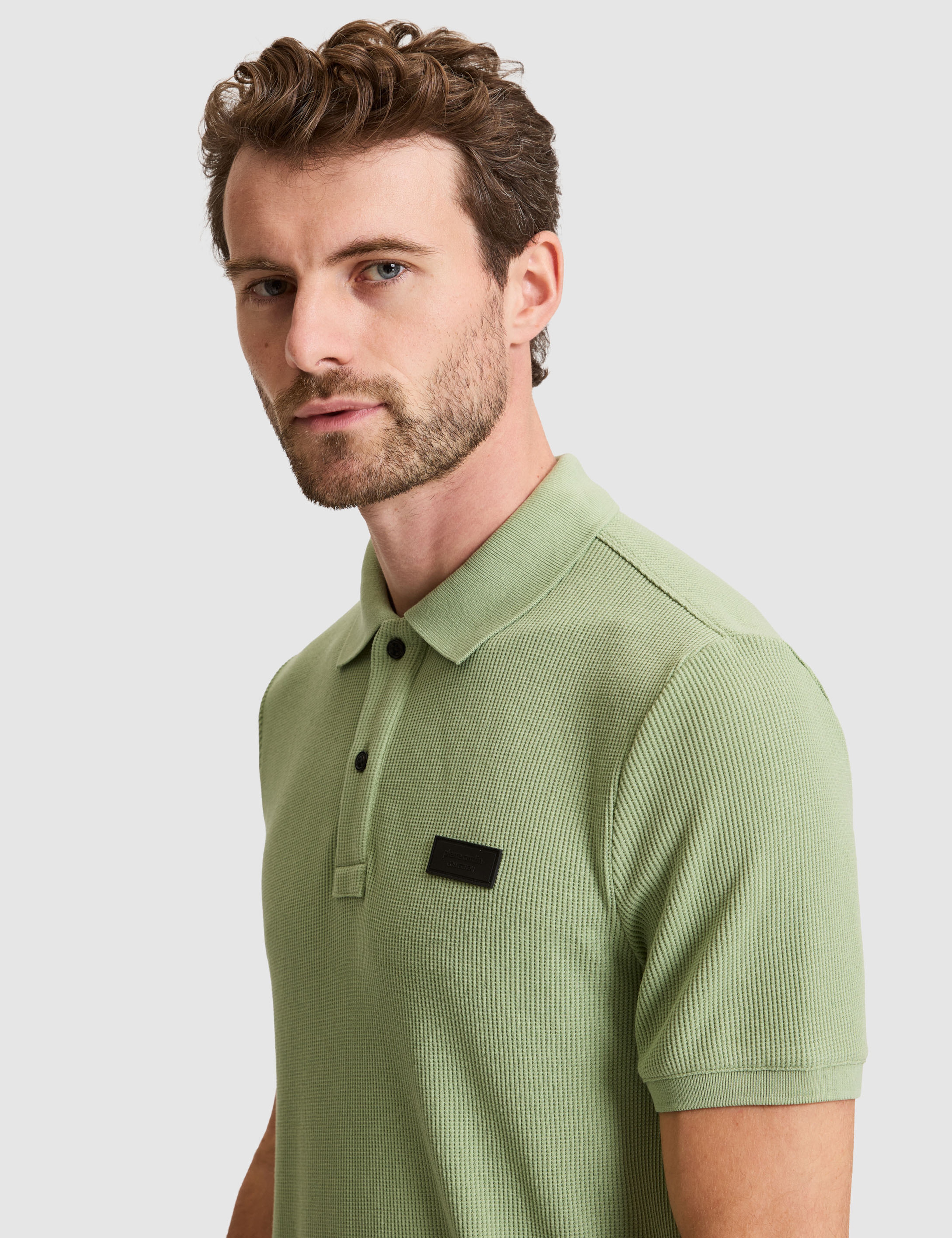 Çağla Yeşili Slim Fit Örme Dokulu Düğmeli Polo Yaka Tişört - Image 2