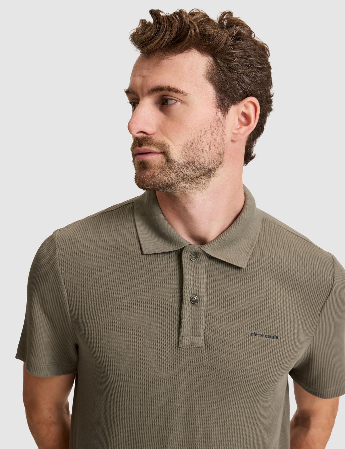 Haki Slim Fit Örme Dokulu Düğmeli Polo Yaka Tişört - 50309946019