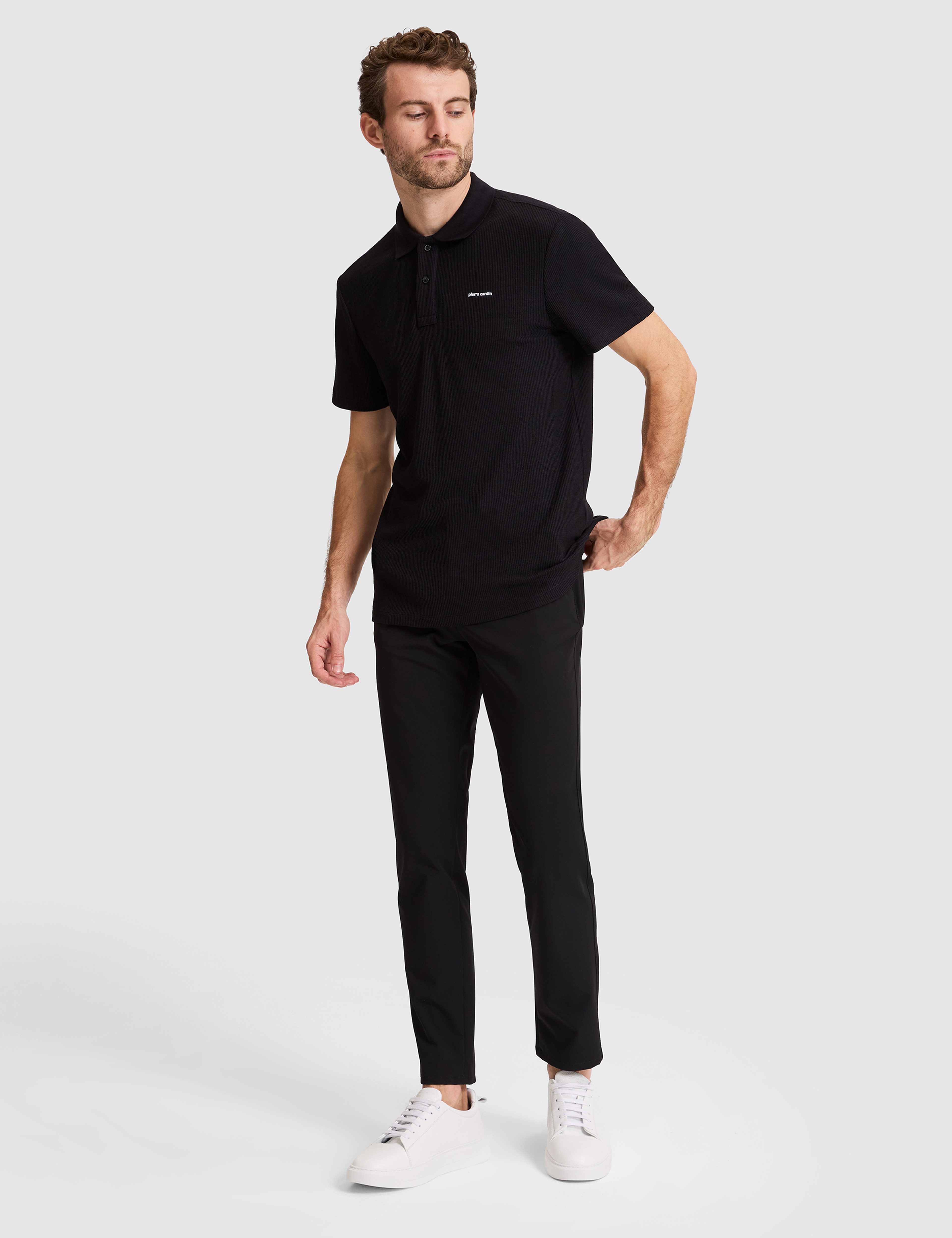 Siyah Slim Fit Örme Dokulu Polo Yaka Tişört - Image 4