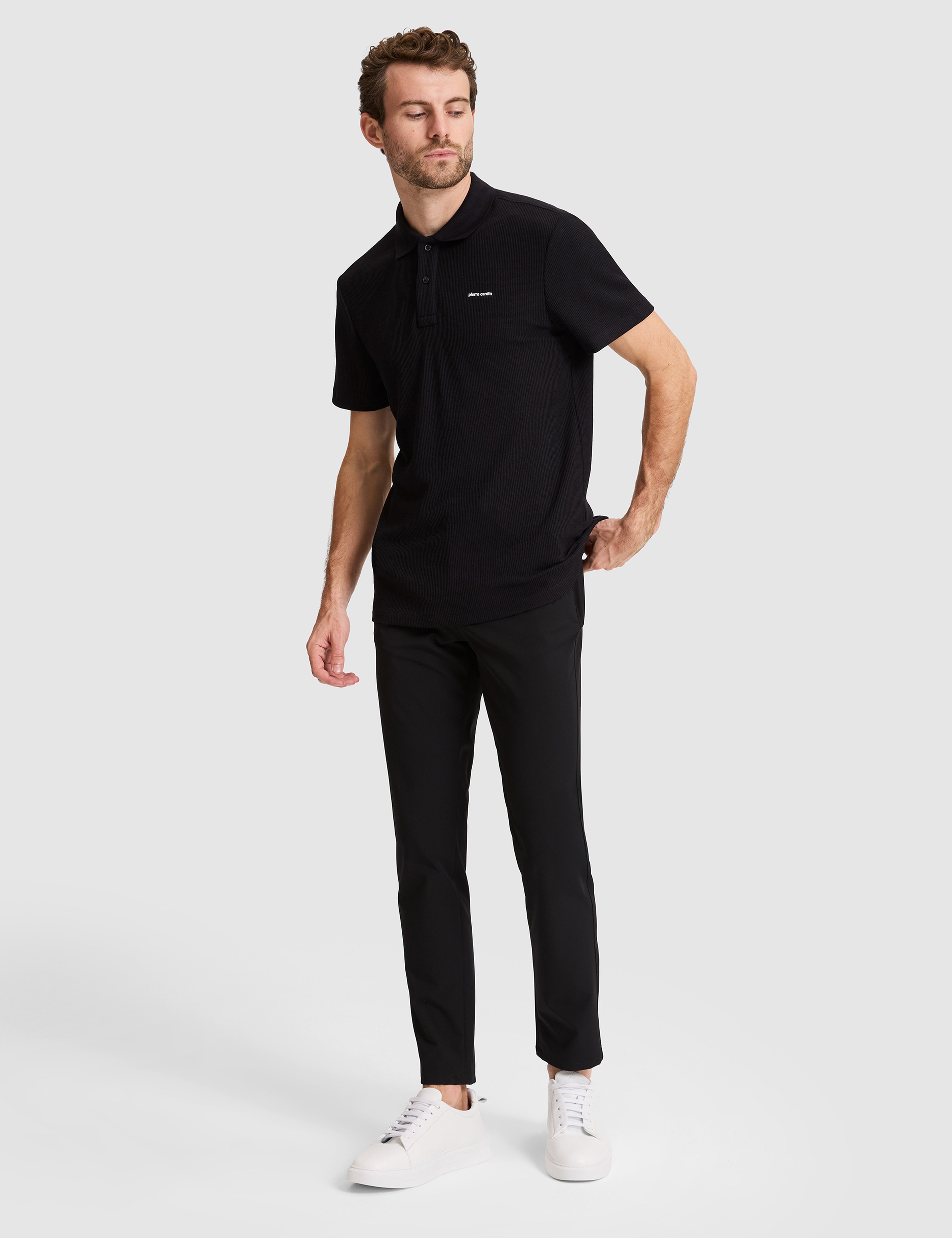 Siyah Slim Fit Örme Dokulu Polo Yaka Tişört