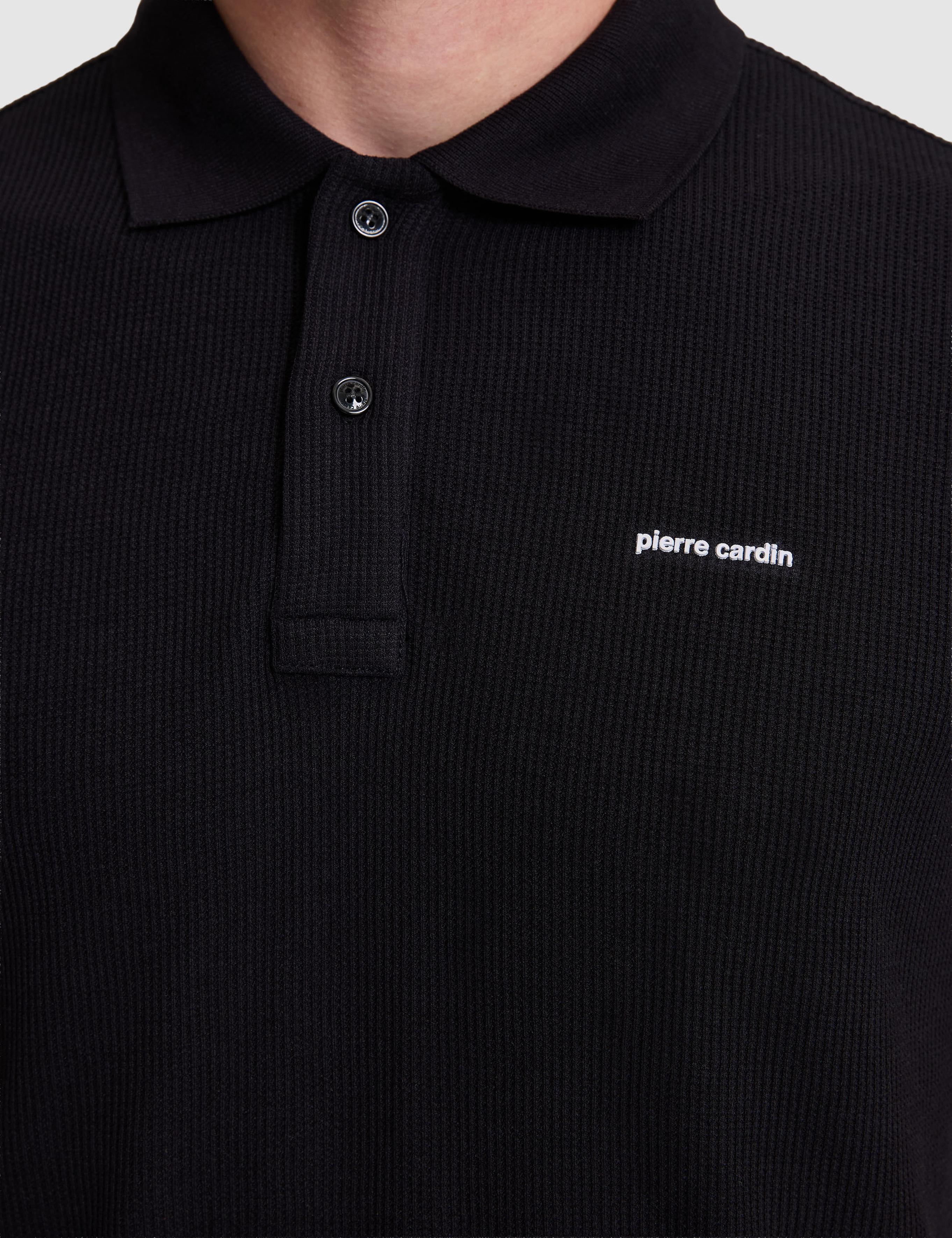 Siyah Slim Fit Örme Dokulu Düğmeli Polo Yaka Tişört