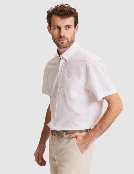 Bej Regular Fit Çizgili Kısa Kollu Gömlek - 50307082001