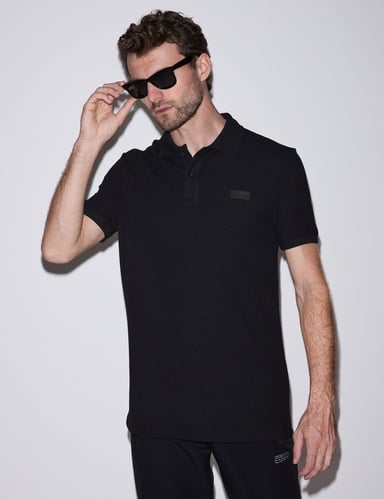 Siyah Slim Fit Örme Dokulu Düğmeli Polo Yaka Tişört