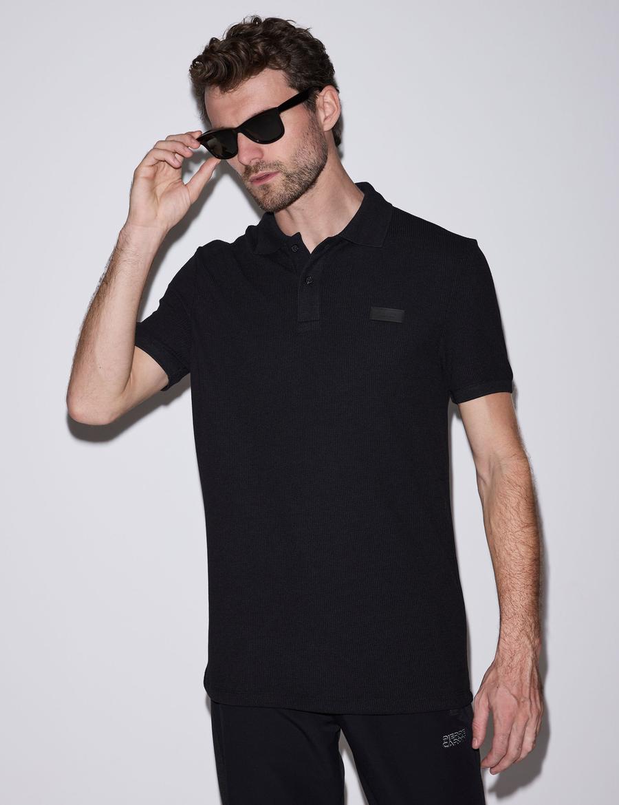 Siyah Slim Fit Örme Dokulu Düğmeli Polo Yaka Tişört