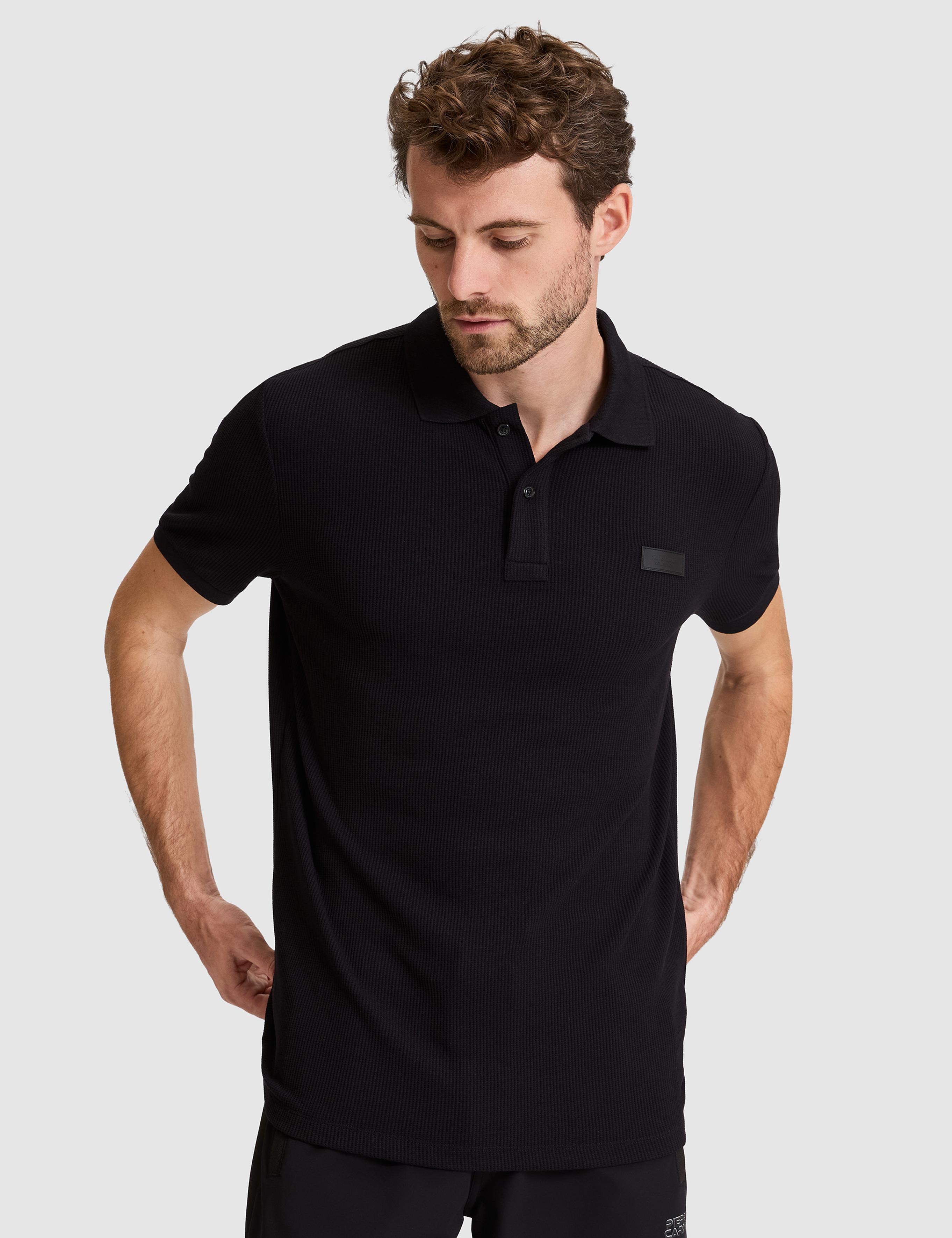 Siyah Slim Fit Örme Dokulu Düğmeli Polo Yaka Tişört