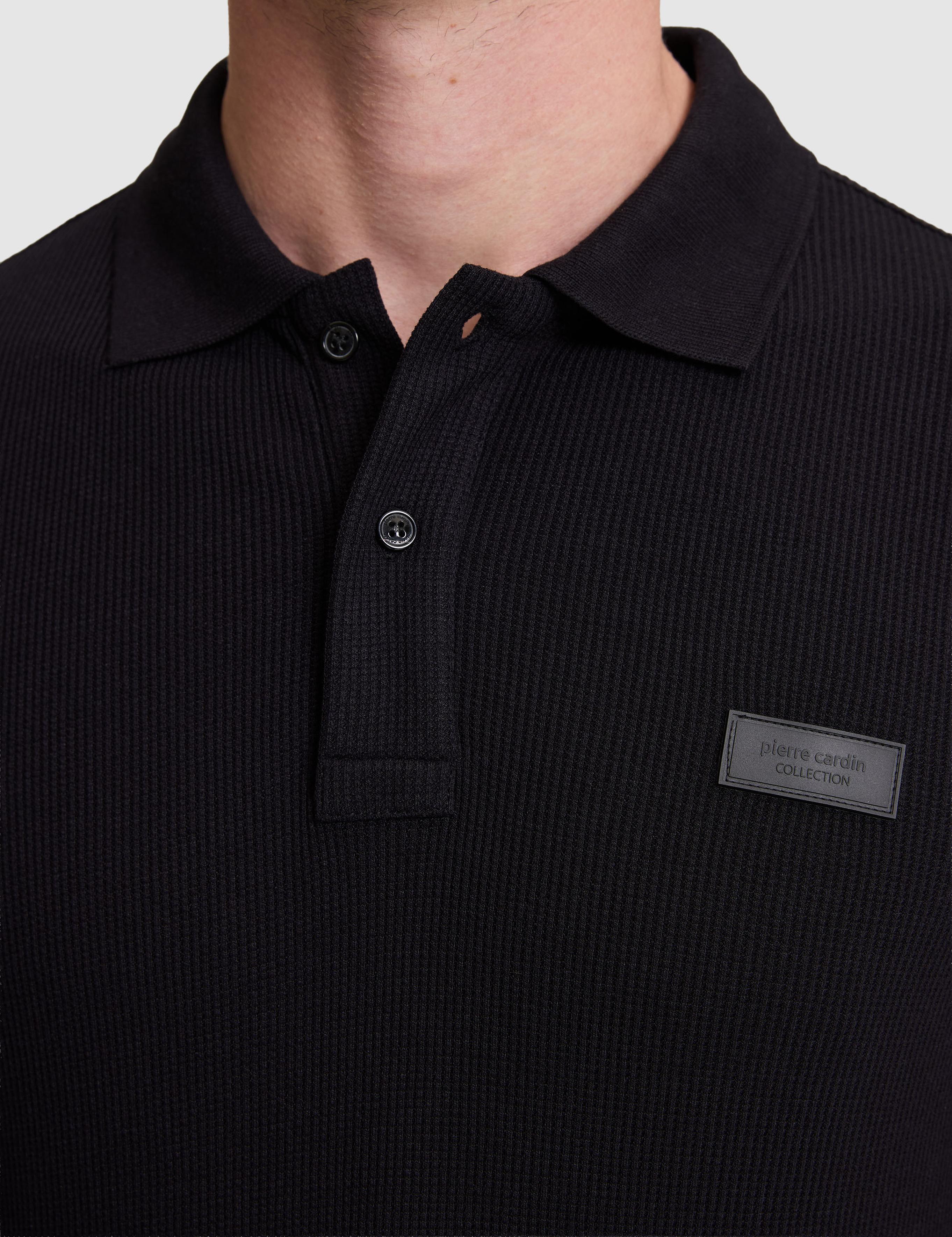 Siyah Slim Fit Örme Dokulu Düğmeli Polo Yaka Tişört