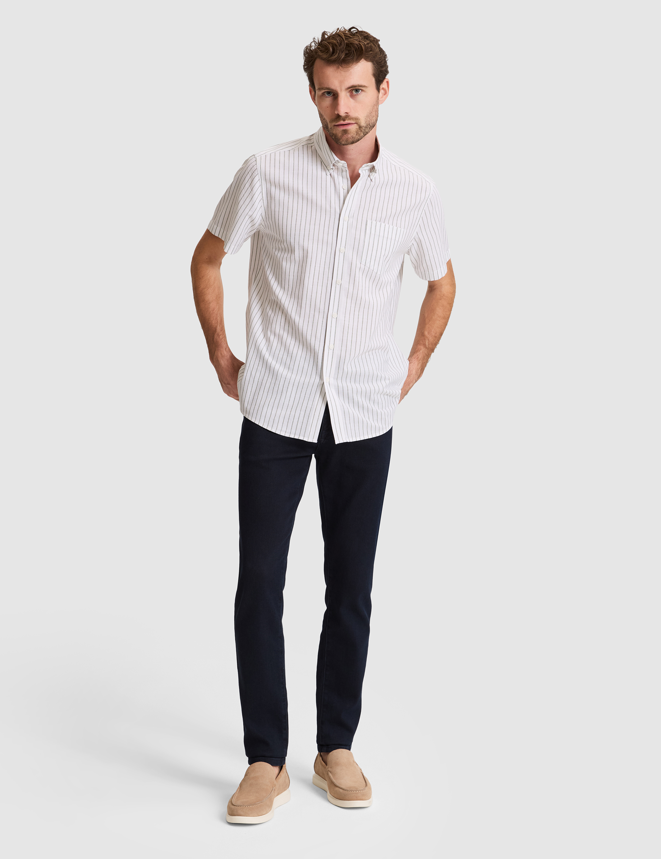 Haki Regular Fit Çizgili Kısa Kollu Gömlek - 50307082015