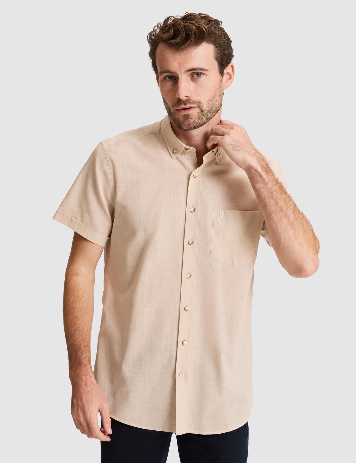 Bej Regular Fit Kısa Kollu Gömlek