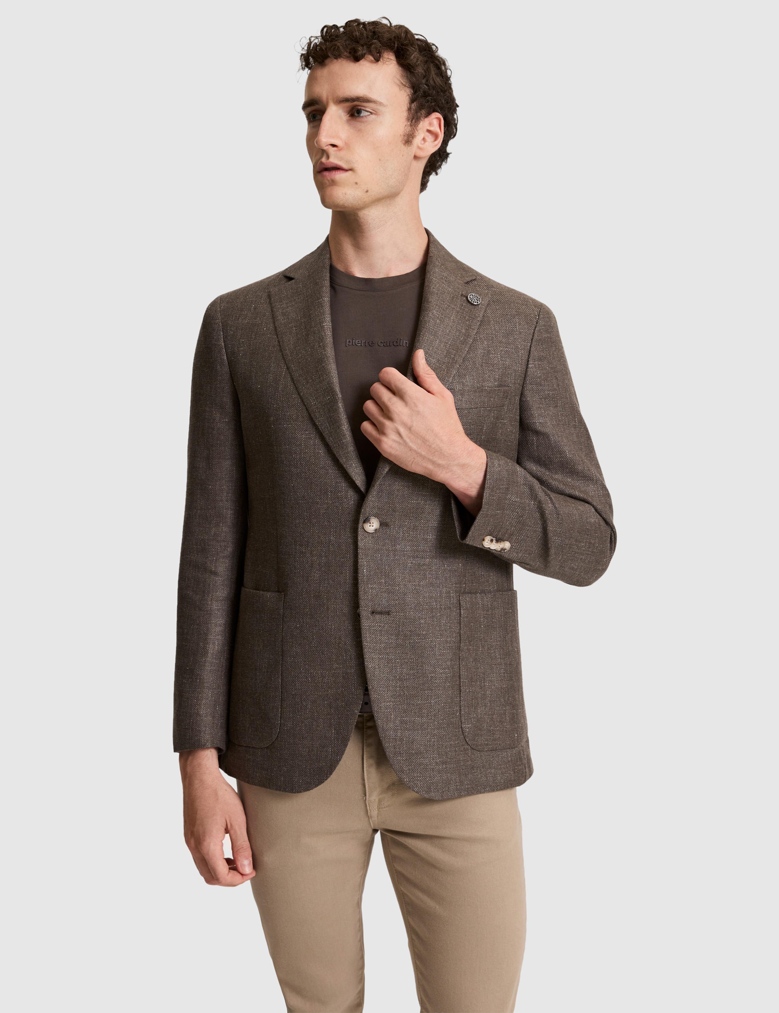 Kahverengi Slim Fit Yün Keten Karışımlı Ceket