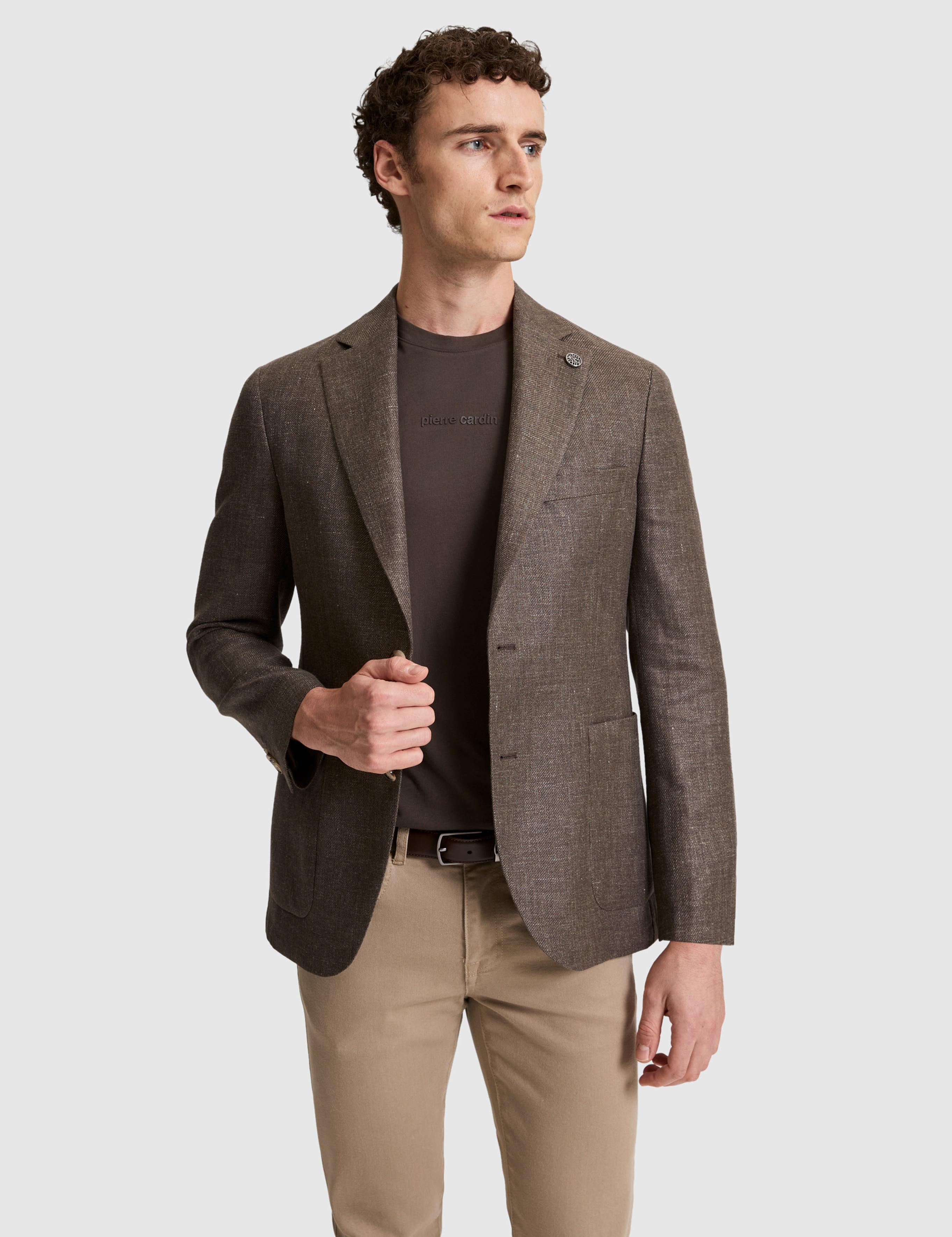 Kahverengi Slim Fit Yün Keten Karışımlı Ceket