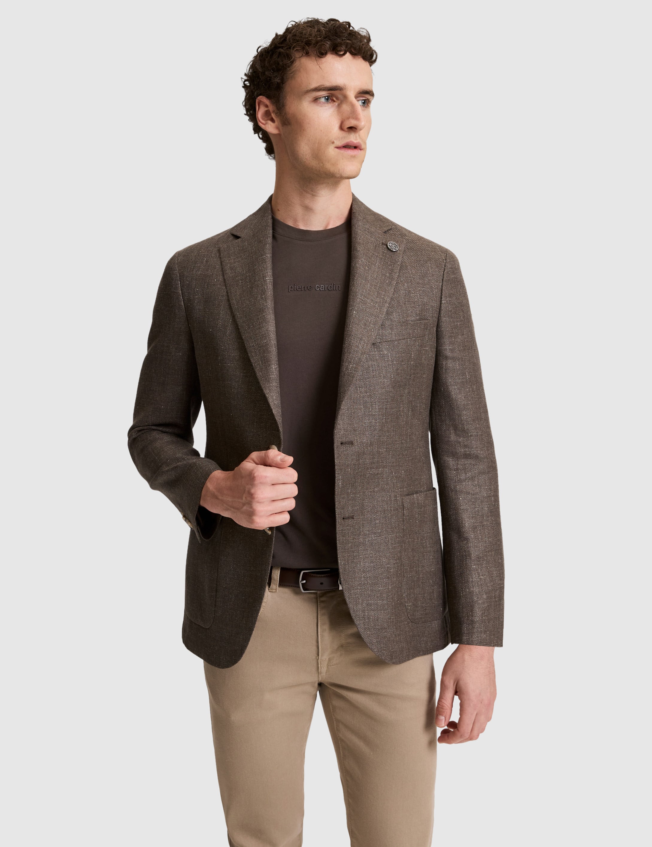 Kahverengi Slim Fit Yün Keten Karışımlı Ceket