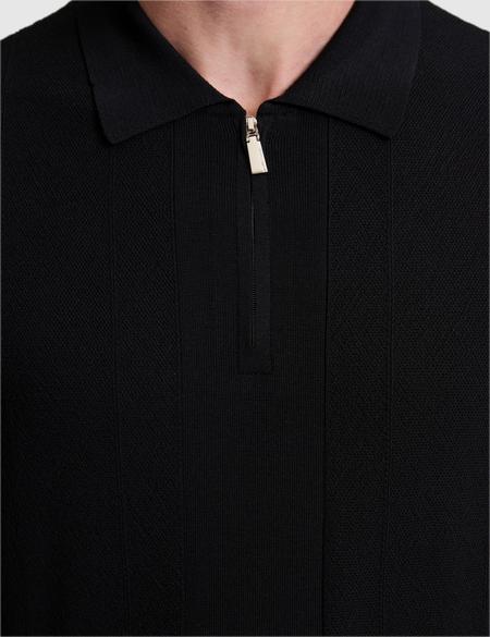Siyah Slim Fit Fermuarlı Polo Yaka Triko Tişört - 50320793043