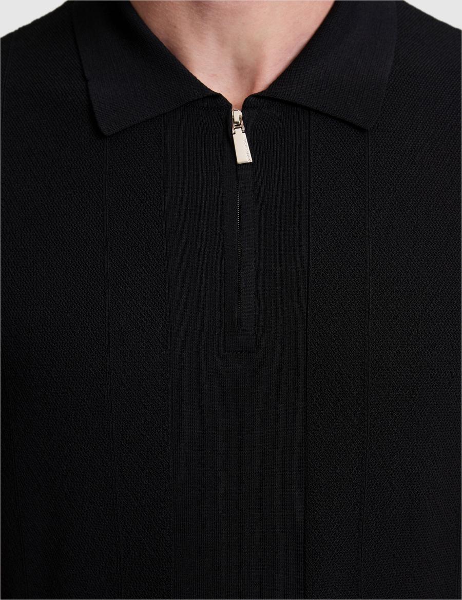 Siyah Slim Fit Fermuarlı Polo Yaka Triko Tişört