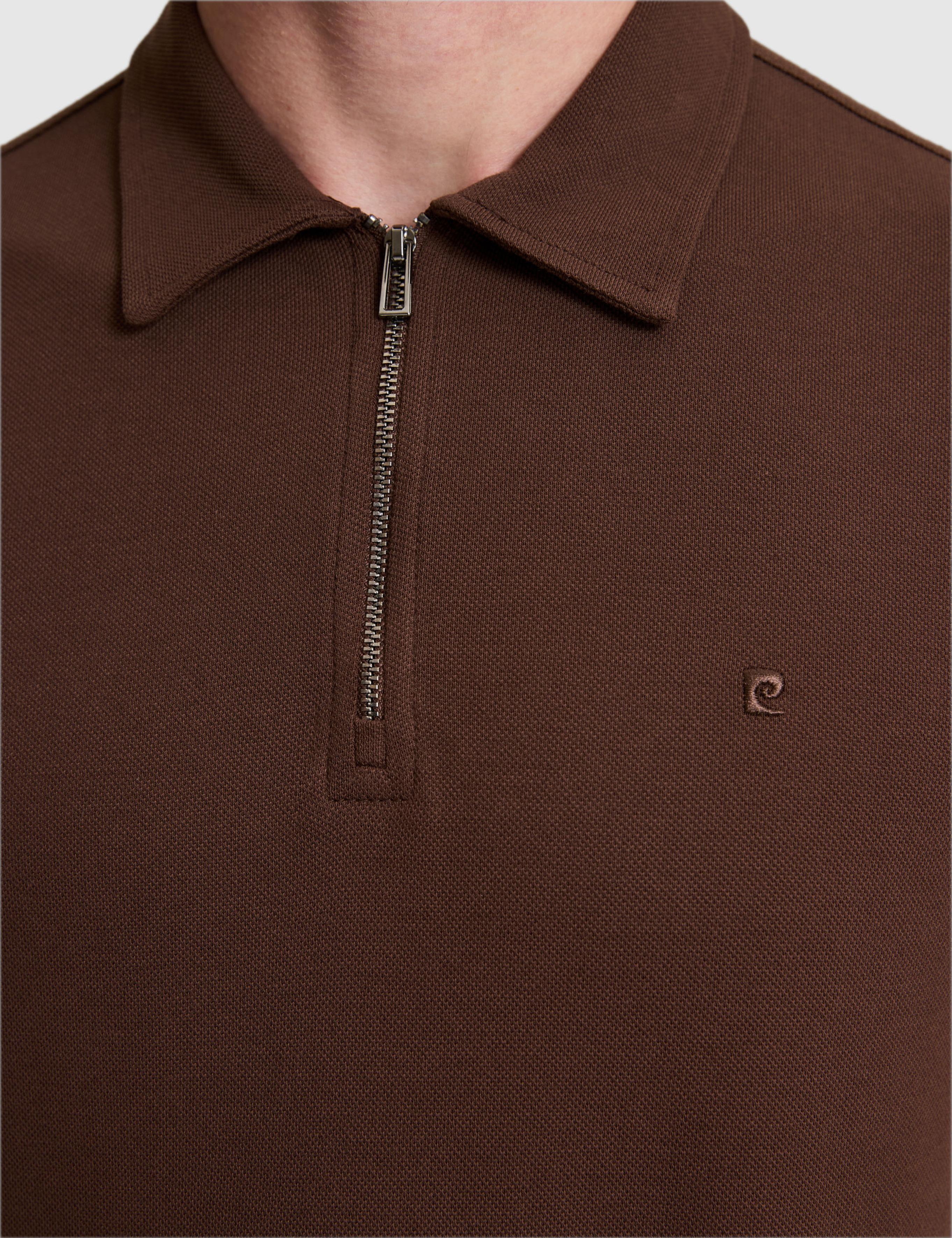 Kahverengi Regular Fit Fermuarlı Polo Yaka Tişört