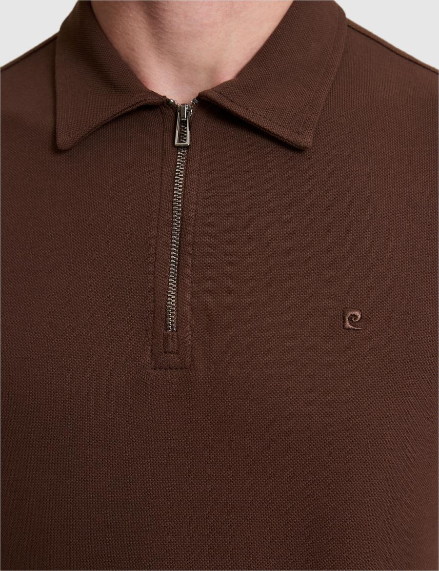 Kahverengi Regular Fit Fermuarlı Polo Yaka Tişört