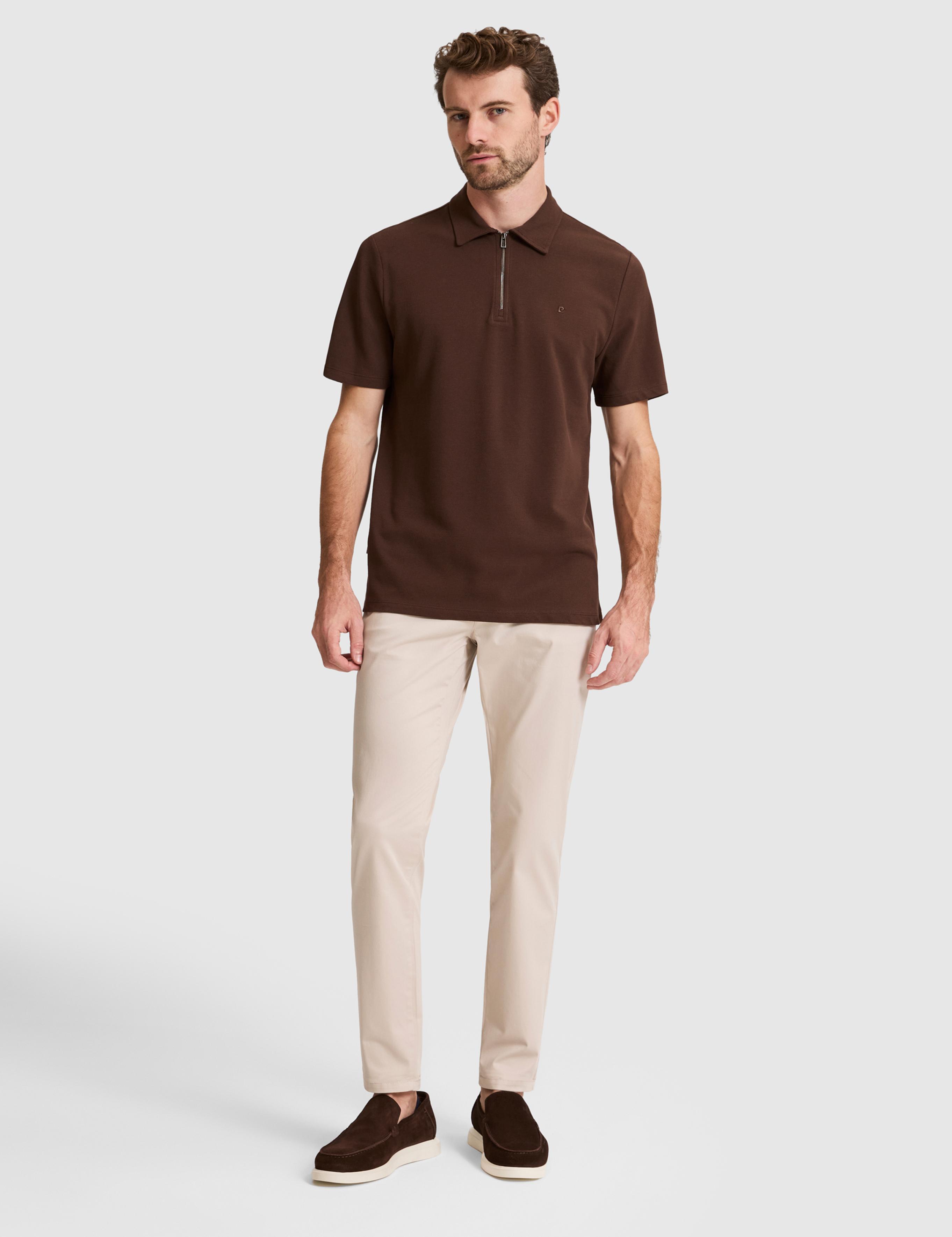 Kahverengi Regular Fit Fermuarlı Polo Yaka Tişört