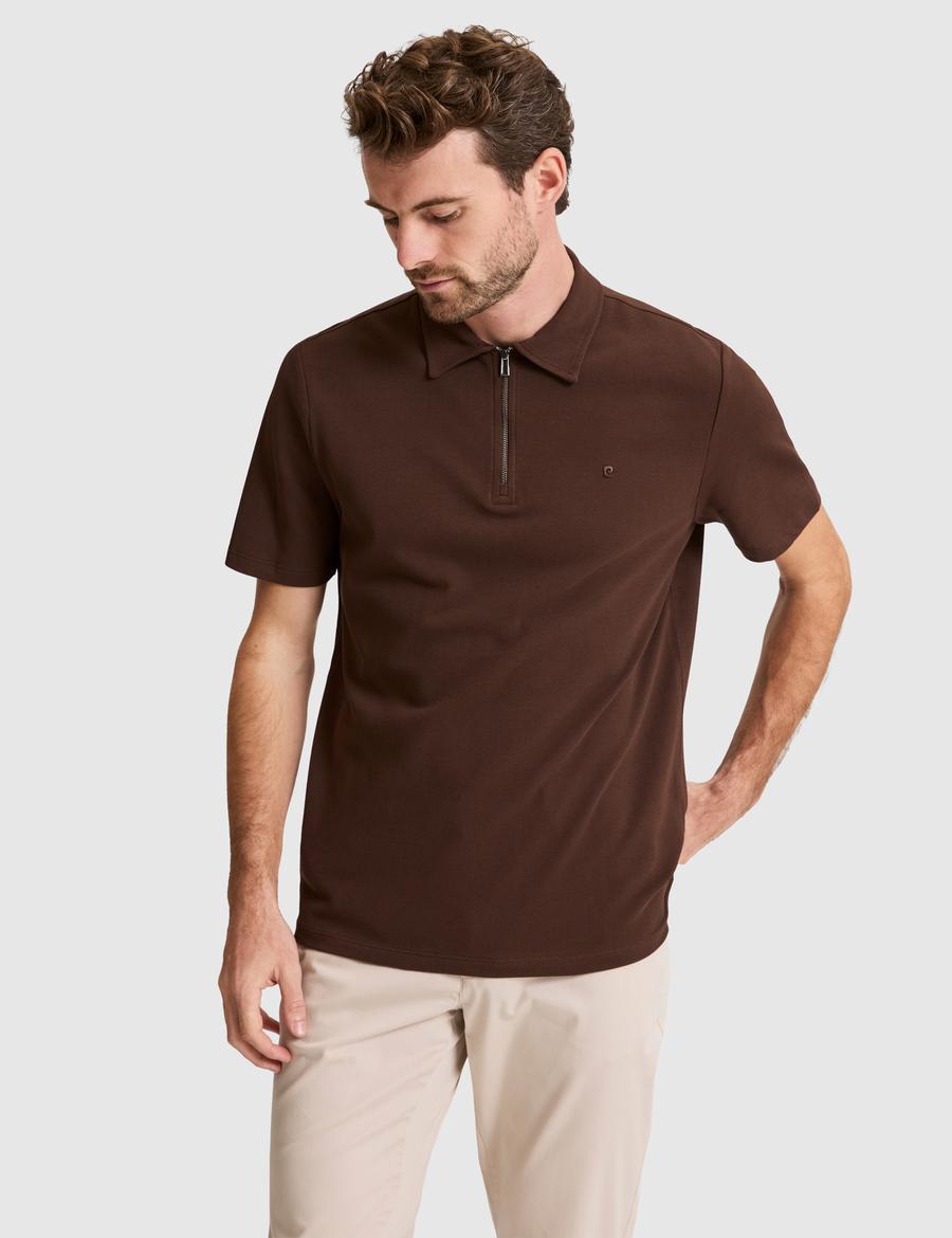 Kahverengi Regular Fit Fermuarlı Polo Yaka Tişört