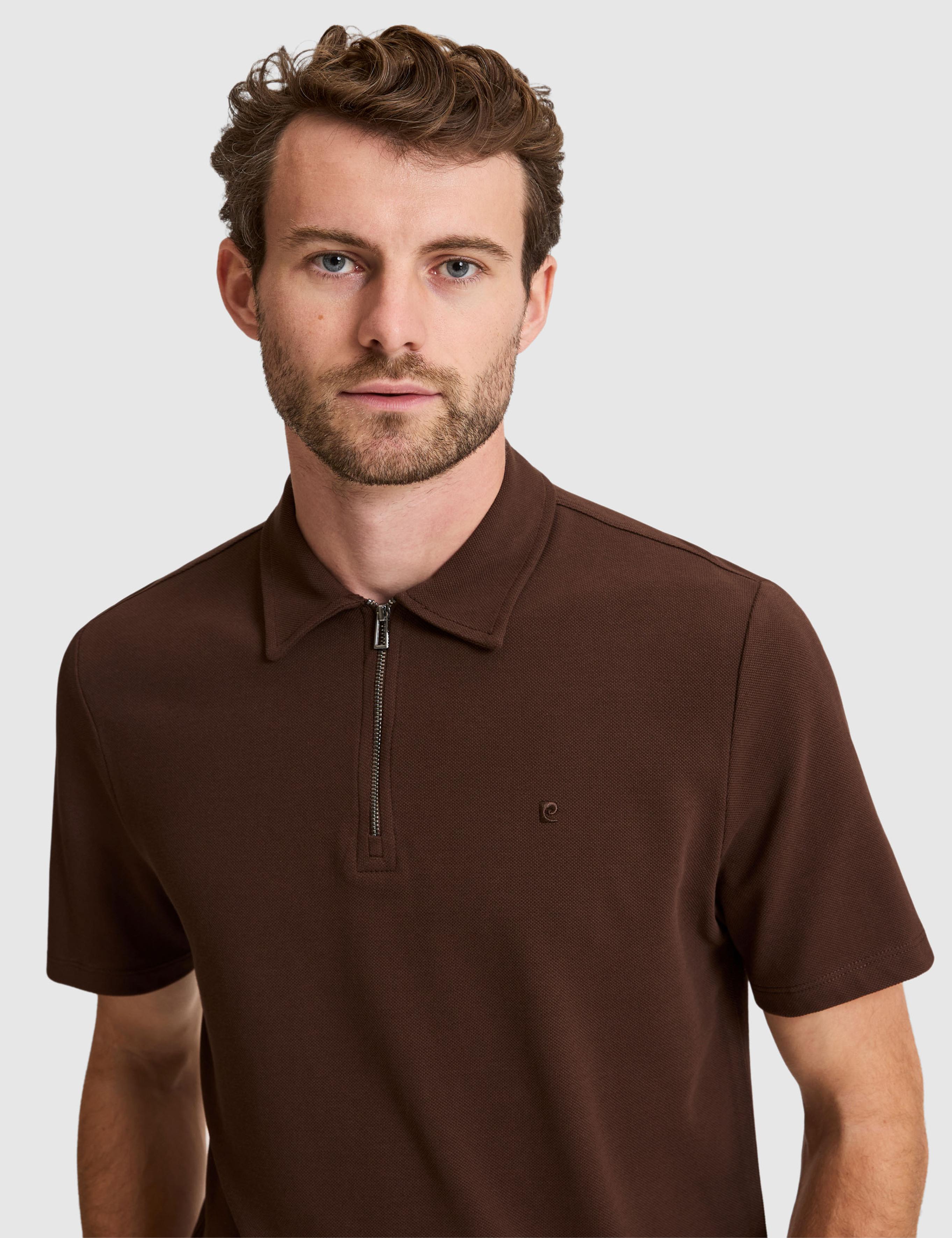 Kahverengi Regular Fit Fermuarlı Polo Yaka Tişört