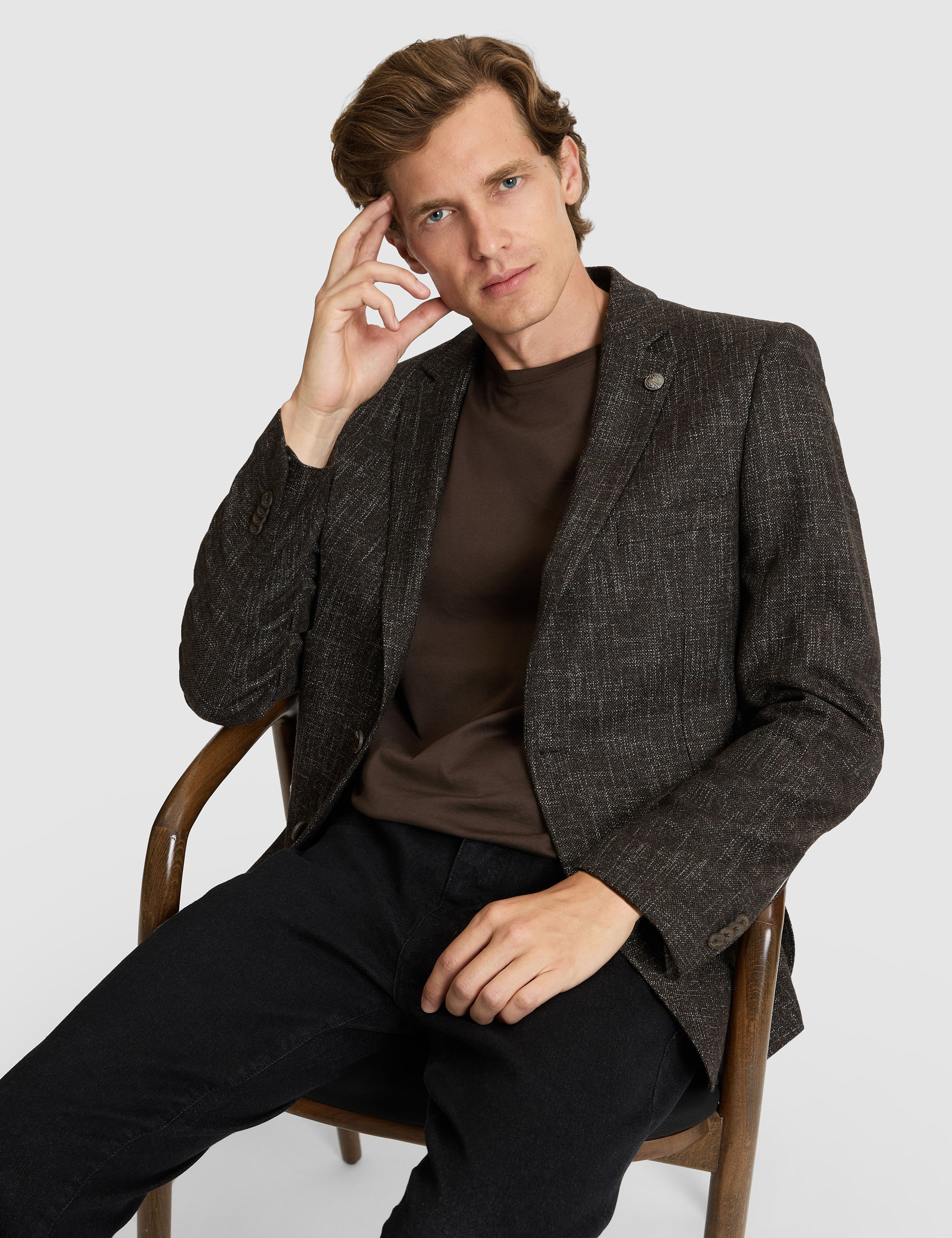 Kahverengi Yün Karışımlı Ex. Slim Fit Ceket