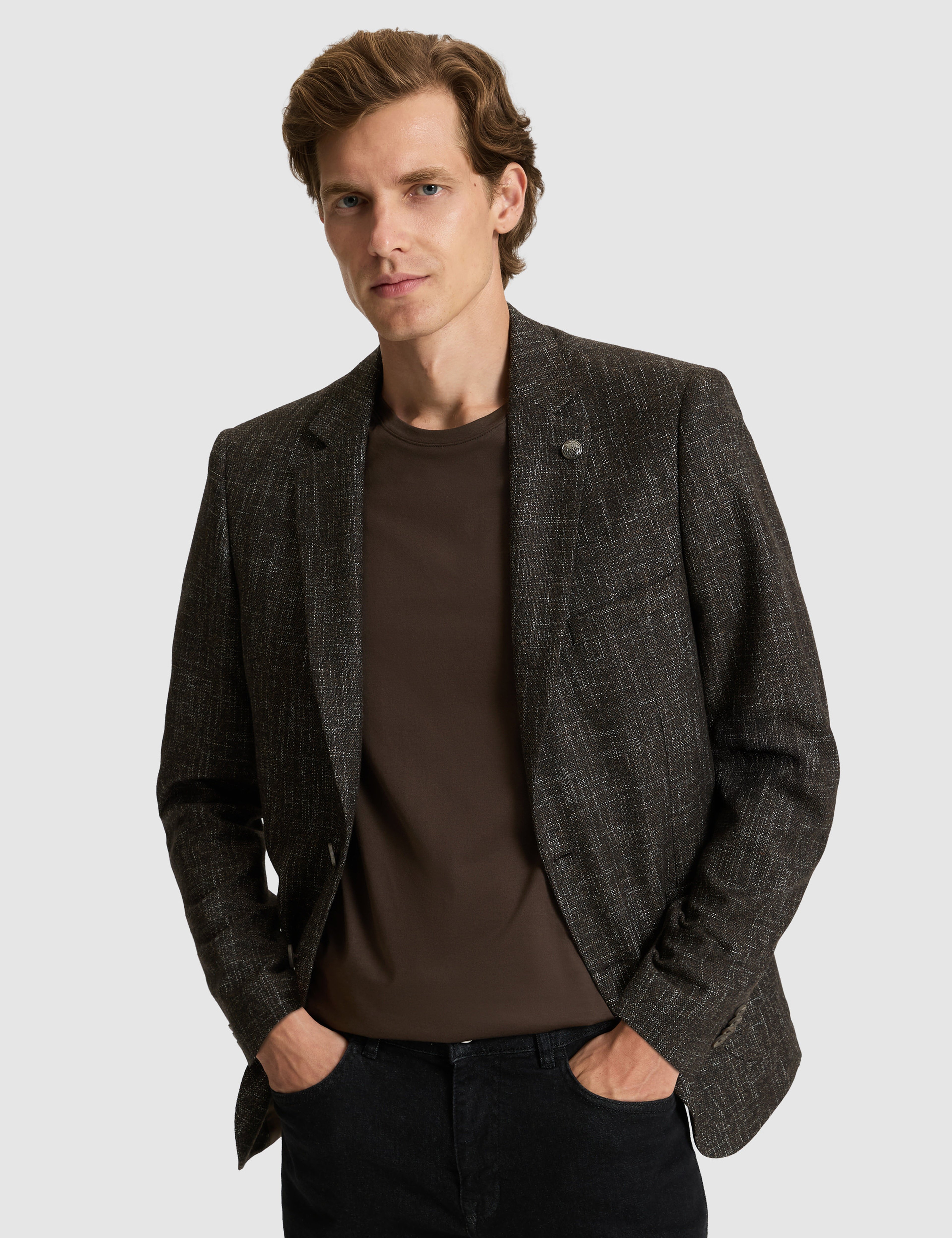 Kahverengi Yün Karışımlı Ex. Slim Fit Ceket