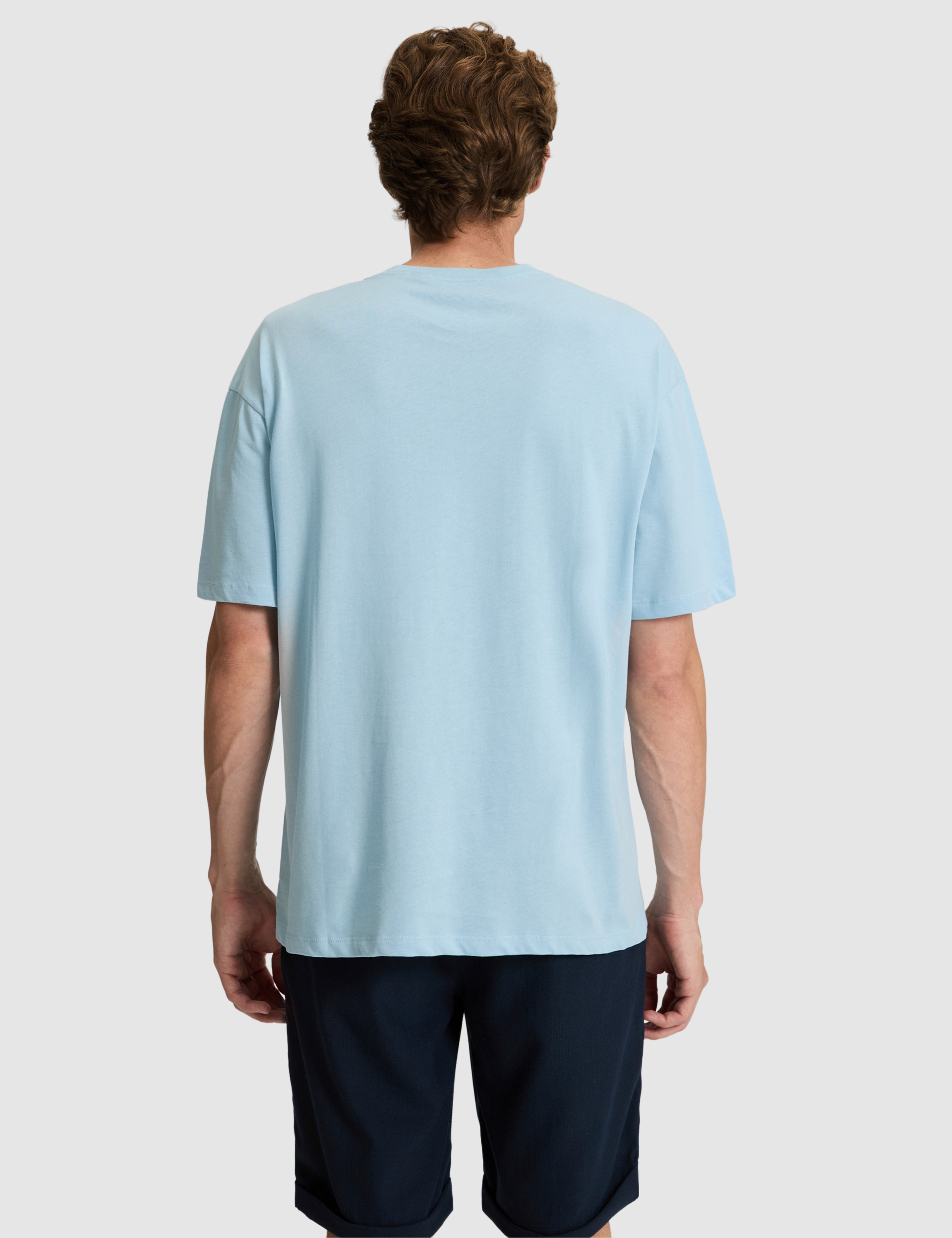 Açık Mavi Comfort Fit %100 Pamuk Bisiklet Yaka Basic Tişört - Image 5