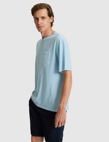 Açık Mavi Comfort Fit %100 Pamuk Bisiklet Yaka Basic Tişört