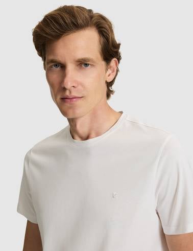 Ekru Slim Fit %100 Pamuk Bisiklet Yaka Basic Tişört
