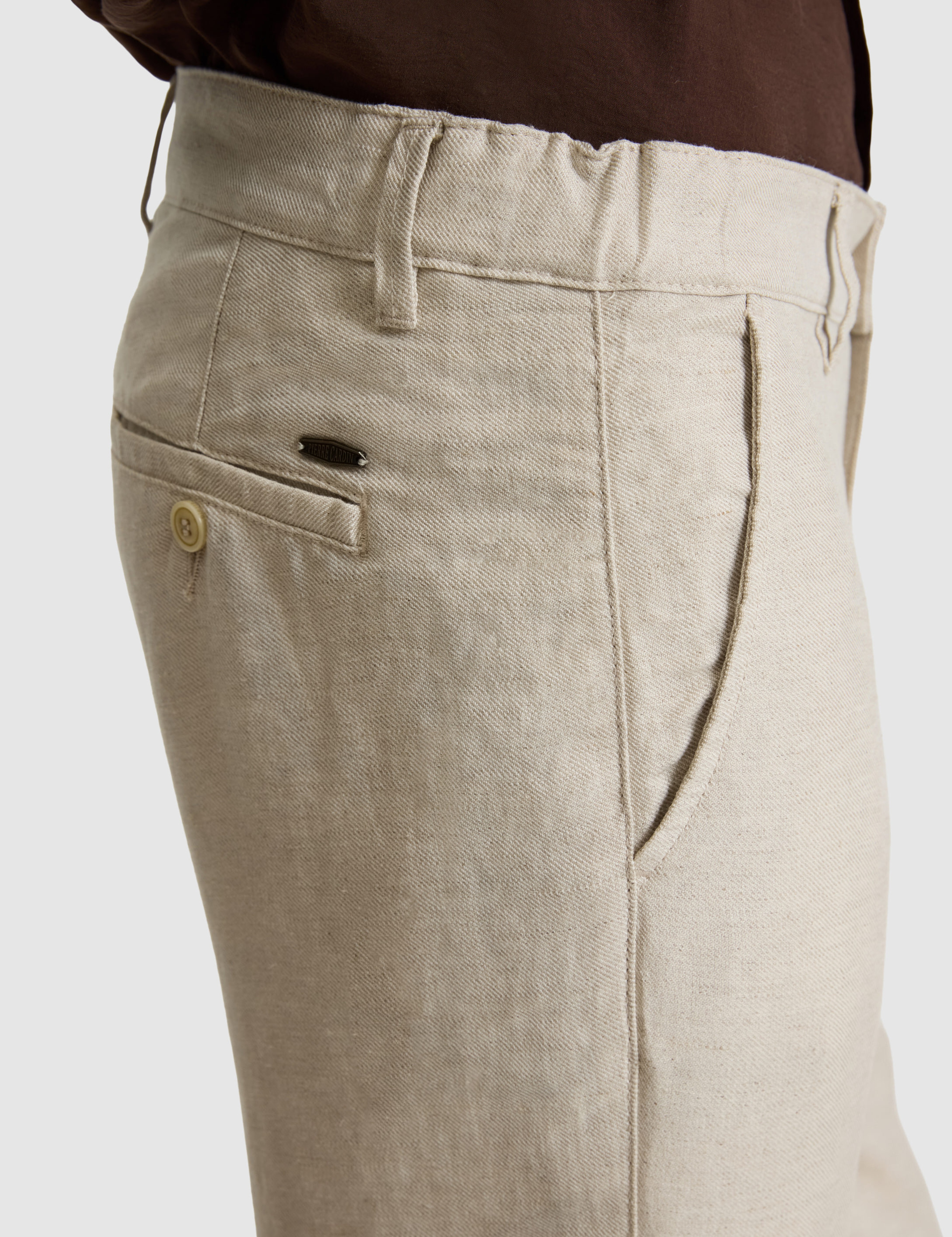 Bej Keten Karışımlı Slim Fit Kanvas Pantolon