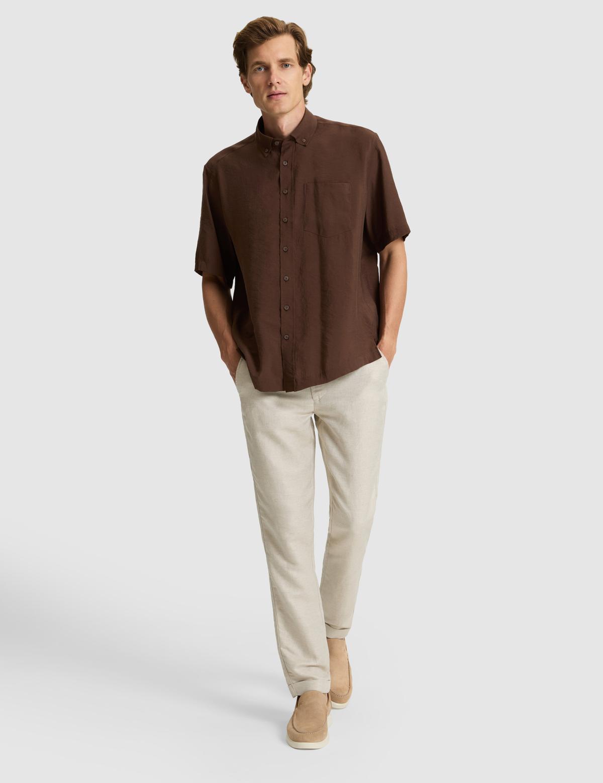 Bej Keten Karışımlı Slim Fit Kanvas Pantolon