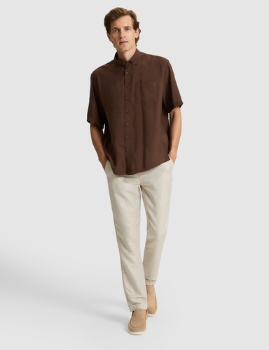 Bej Keten Karışımlı Slim Fit Kanvas Pantolon