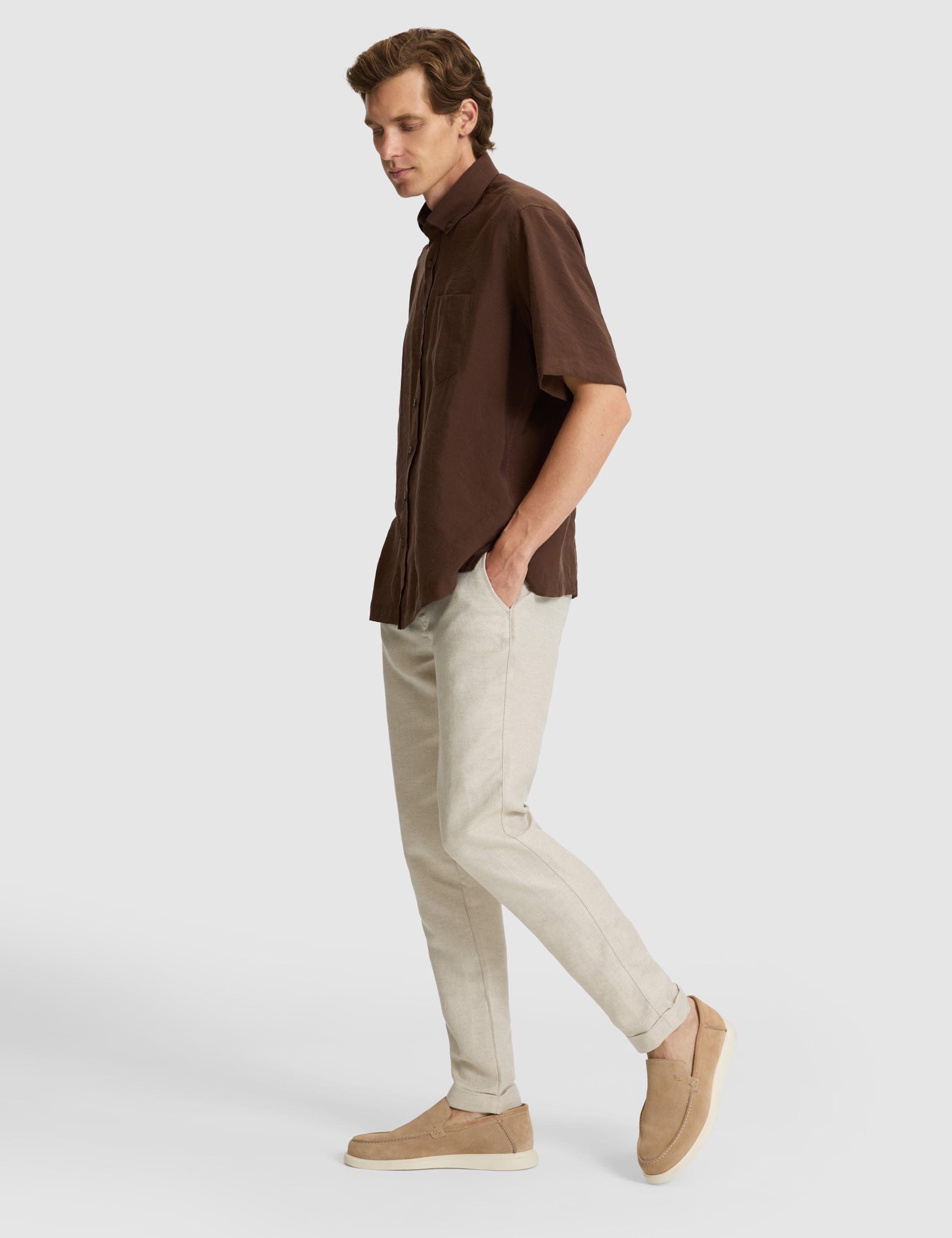 Bej Keten Karışımlı Slim Fit Kanvas Pantolon - 50301767074