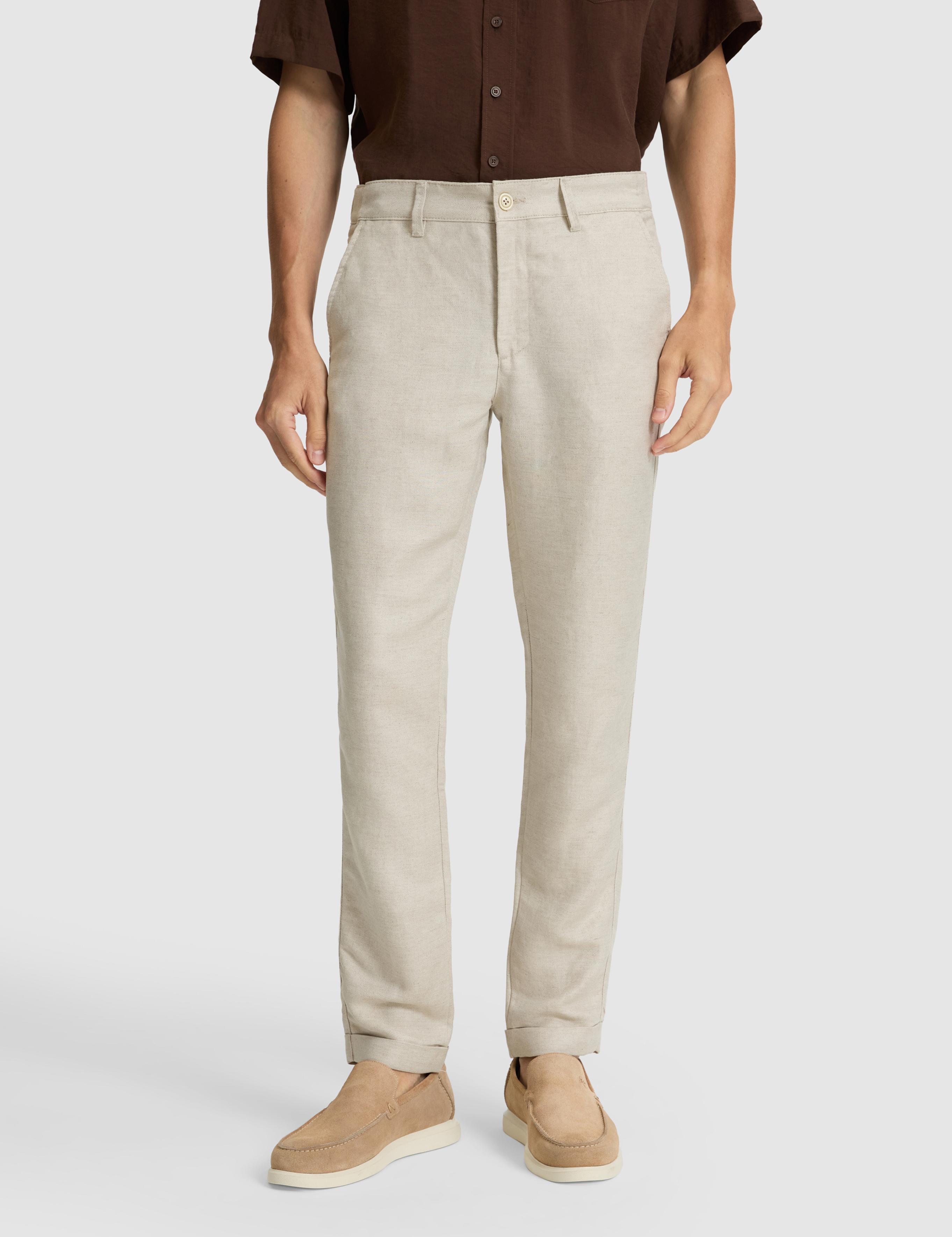 Bej Keten Karışımlı Slim Fit Kanvas Pantolon