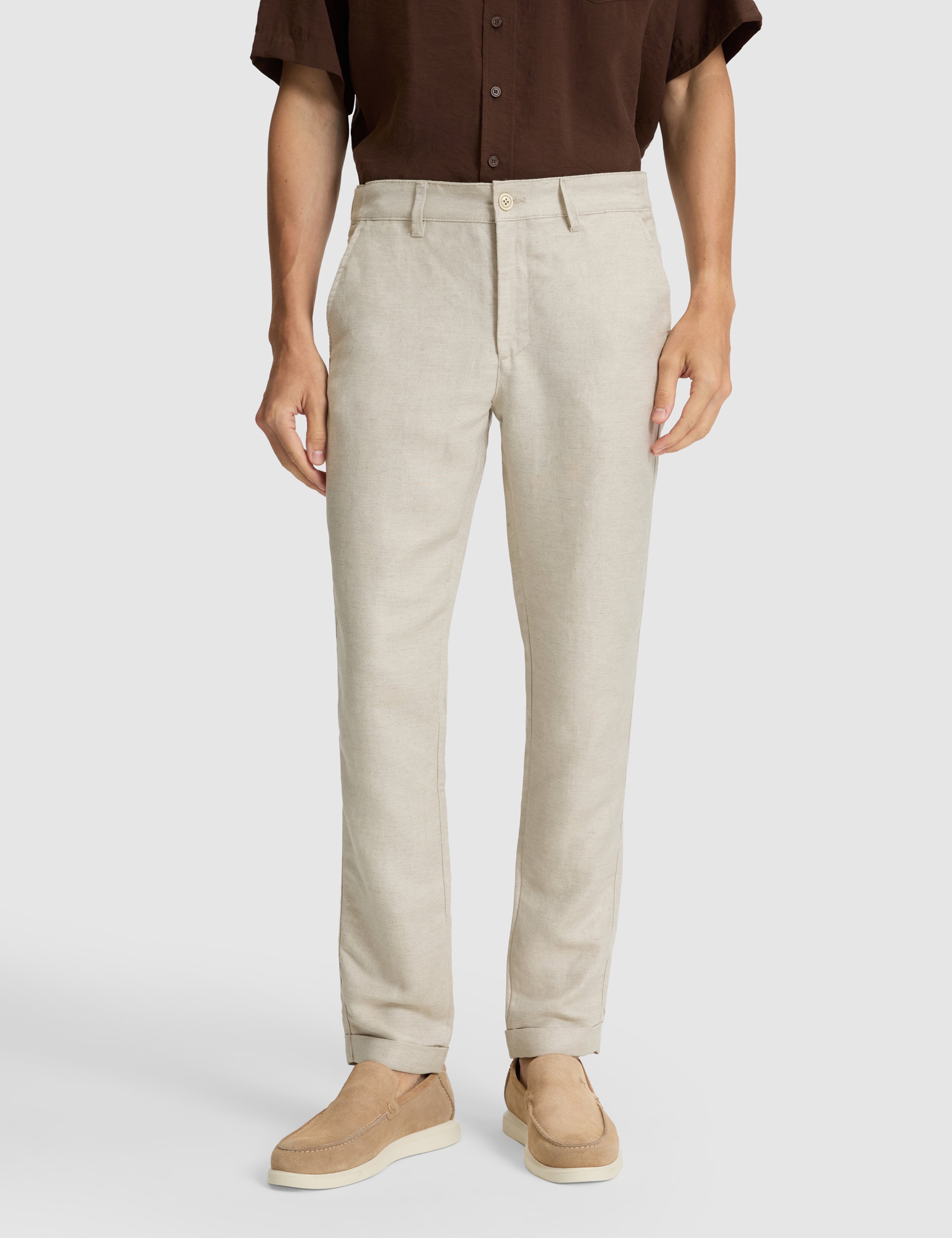 Bej Keten Karışımlı Slim Fit Kanvas Pantolon - Image 2