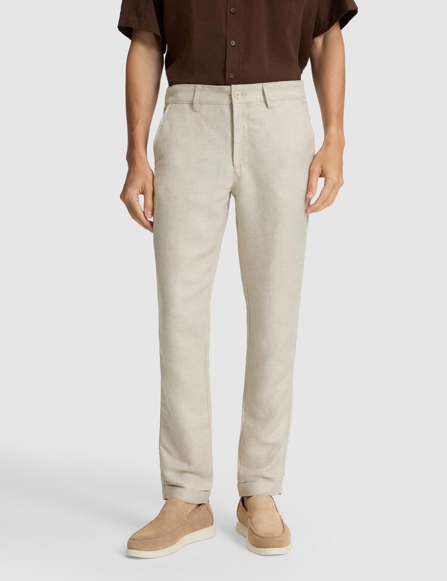 Bej Keten Karışımlı Slim Fit Kanvas Pantolon