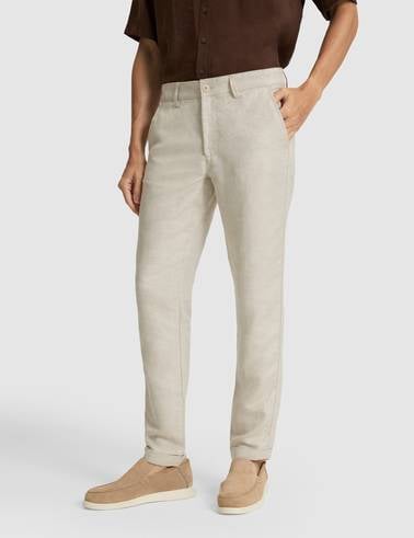Bej Keten Karışımlı Slim Fit Kanvas Pantolon