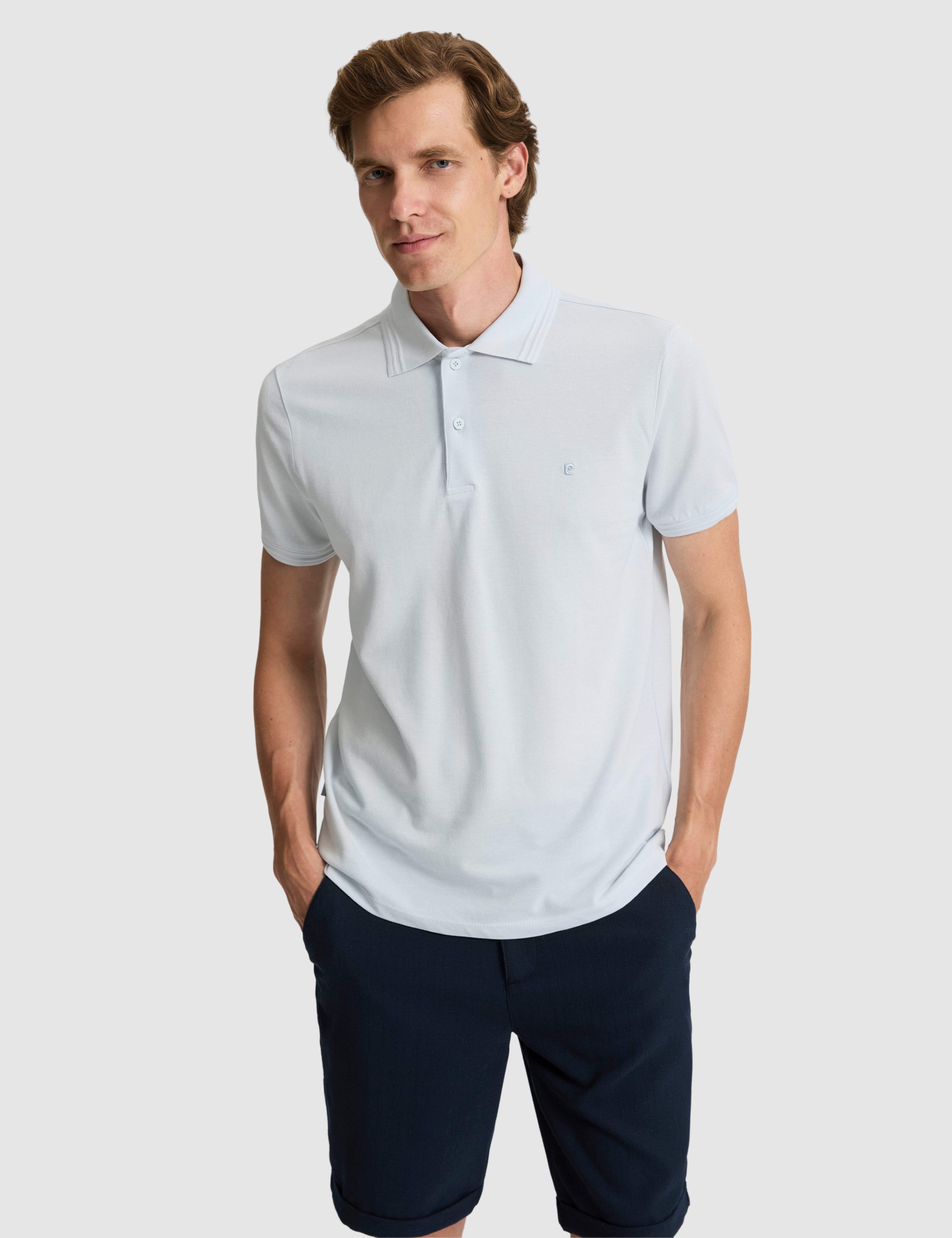 Açık Mavi Slim Fit %100 Pamuk Düğmeli Polo Yaka Basic Tişört - Image 1