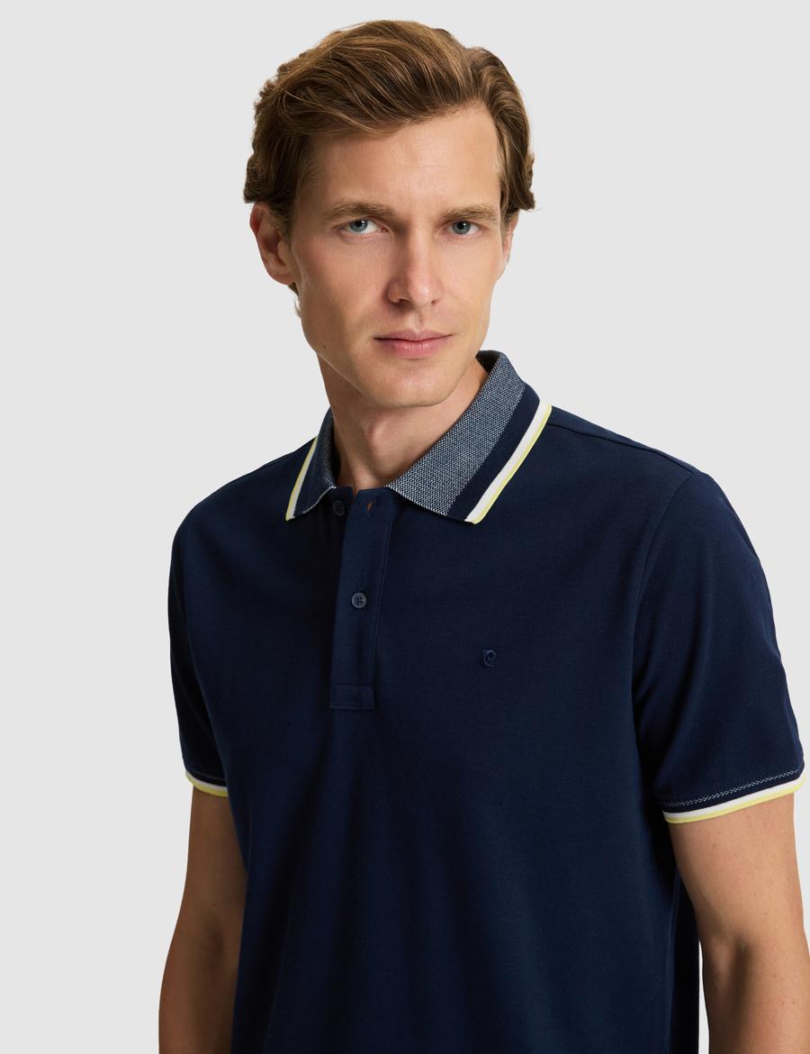 Lacivert Slim Fit %100 Pamuk Düğmeli Polo Yaka Tişört