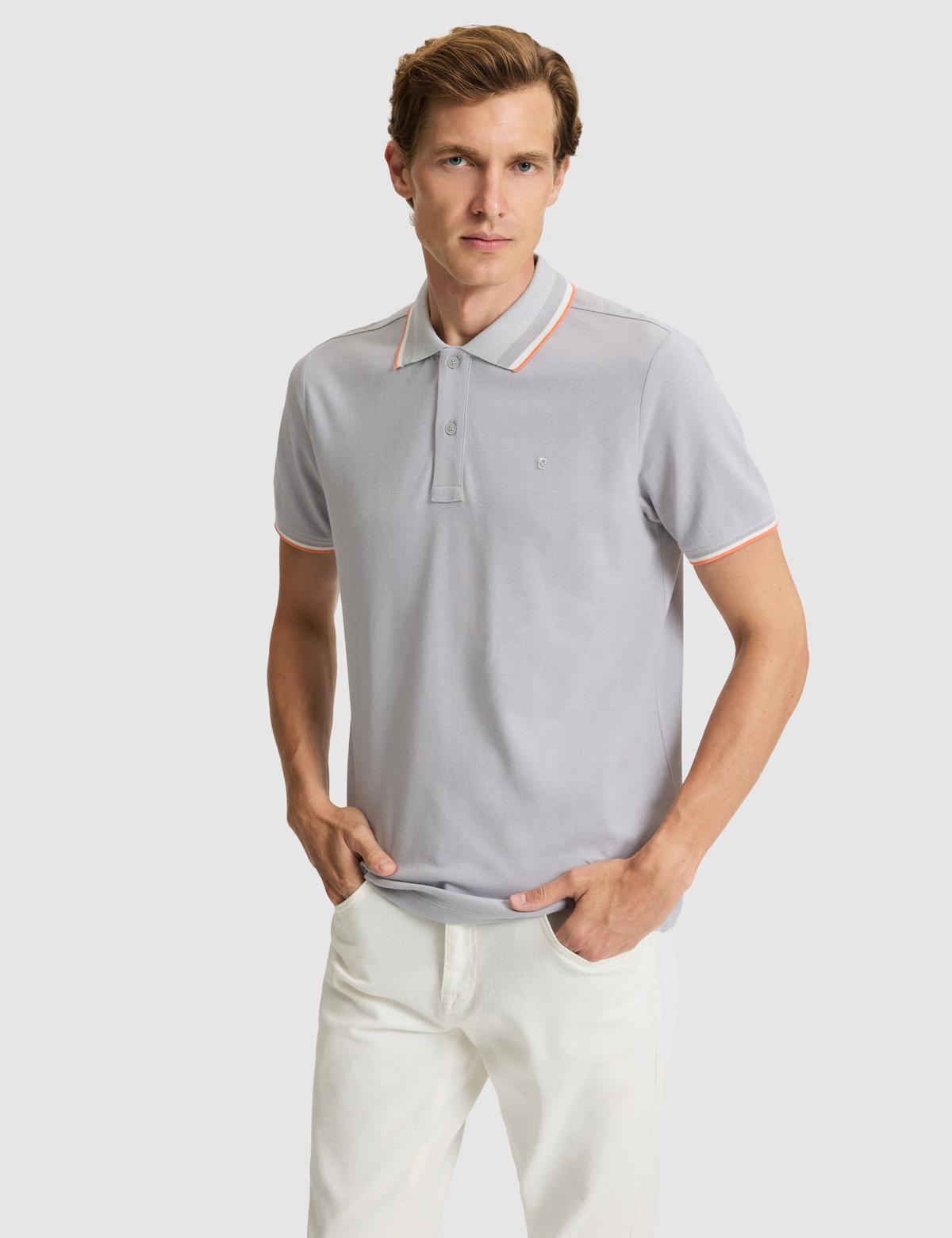 Açık Gri Slim Fit %100 Pamuk Düğmeli Polo Yaka Tişört