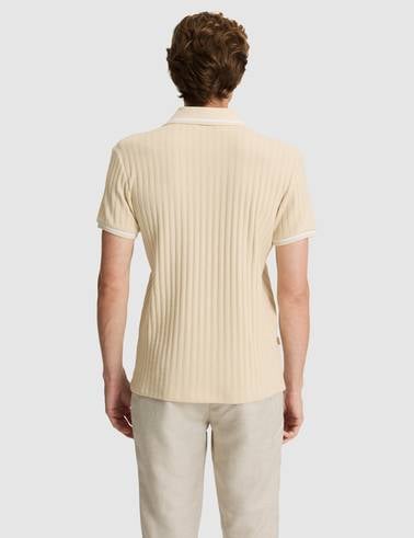 Bej Slim Fit Örme Dokulu Apaş Yaka Tişört
