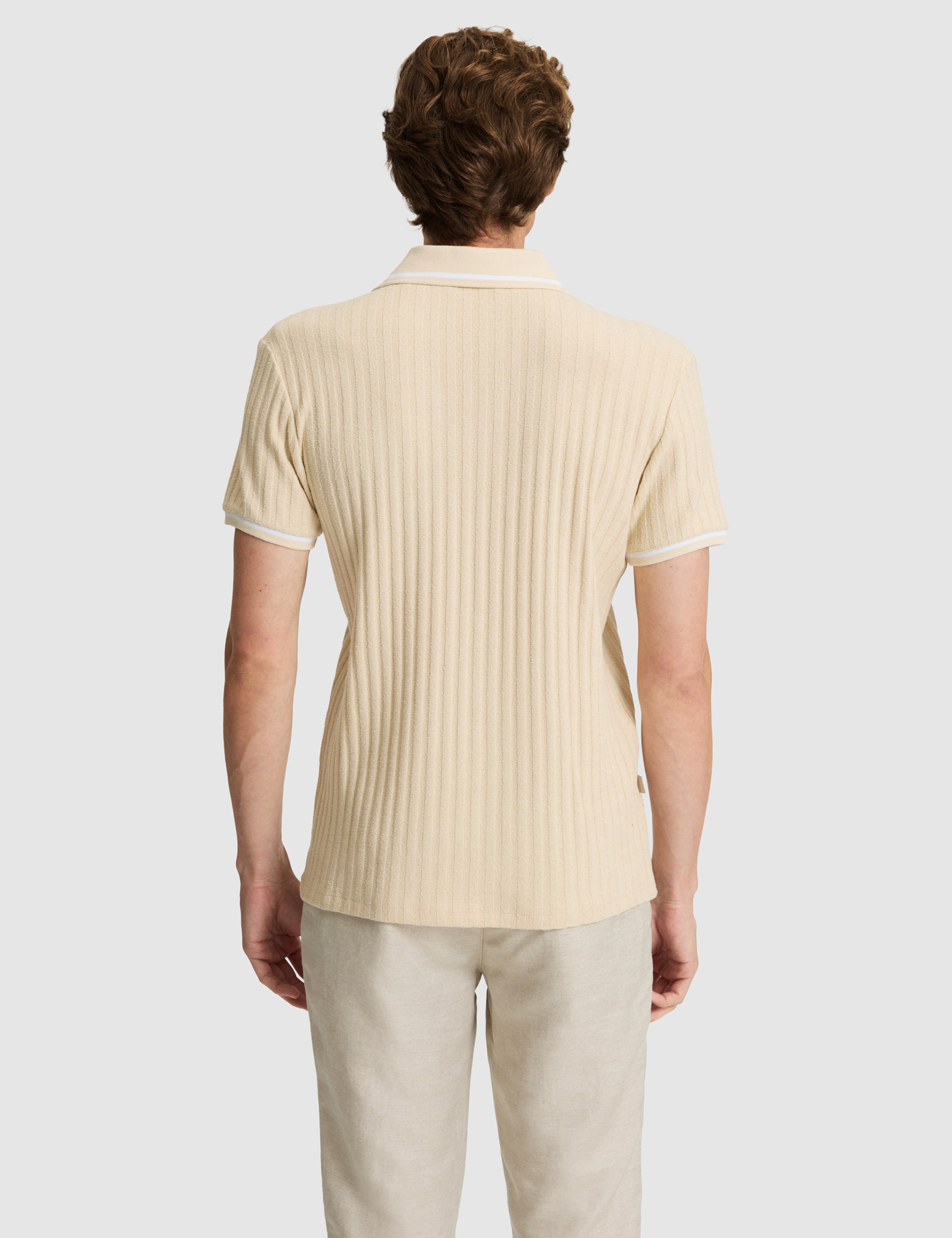 Bej Slim Fit Örme Dokulu Apaş Yaka Tişört