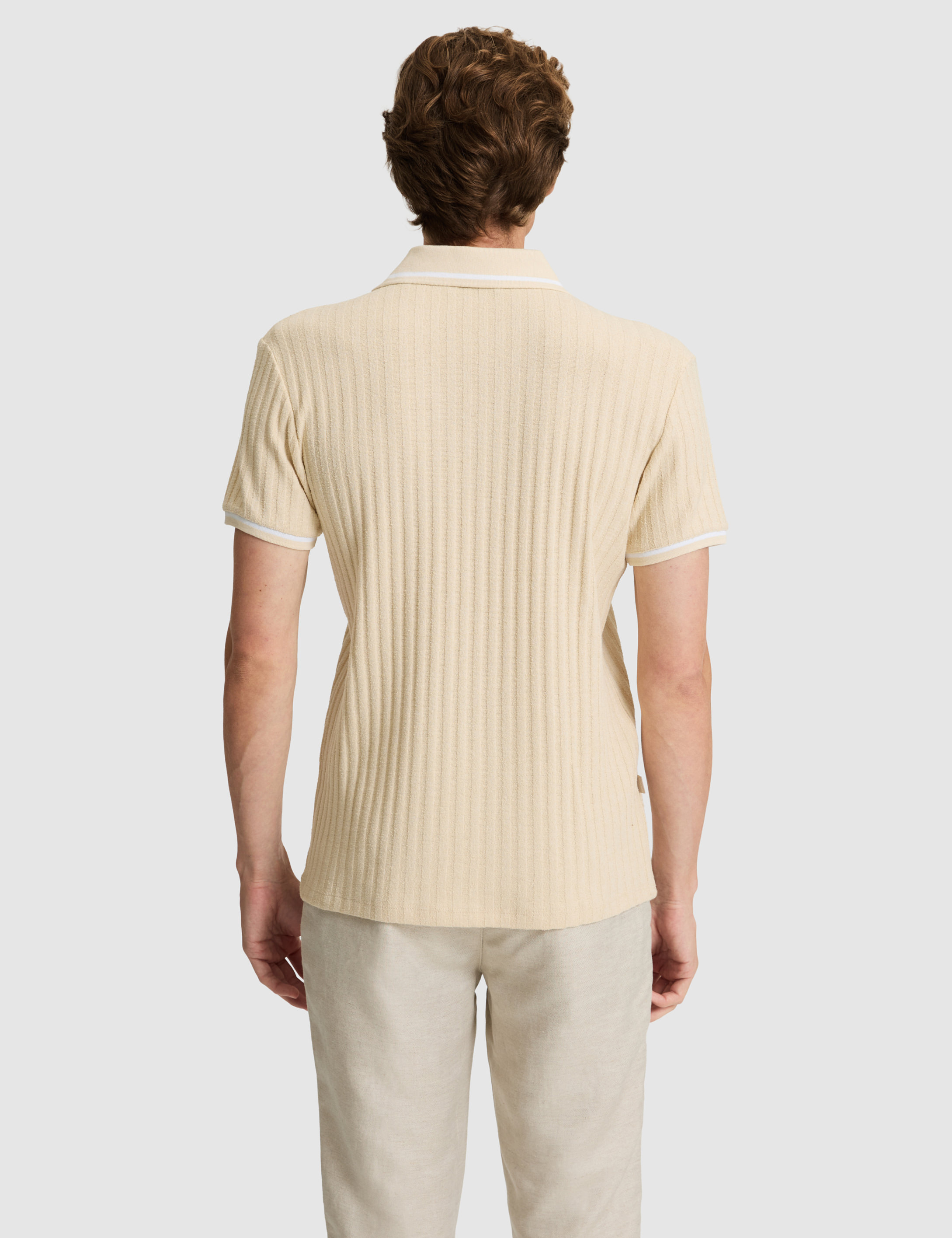 Bej Slim Fit Örme Dokulu Apaş Yaka Tişört - 50310162023