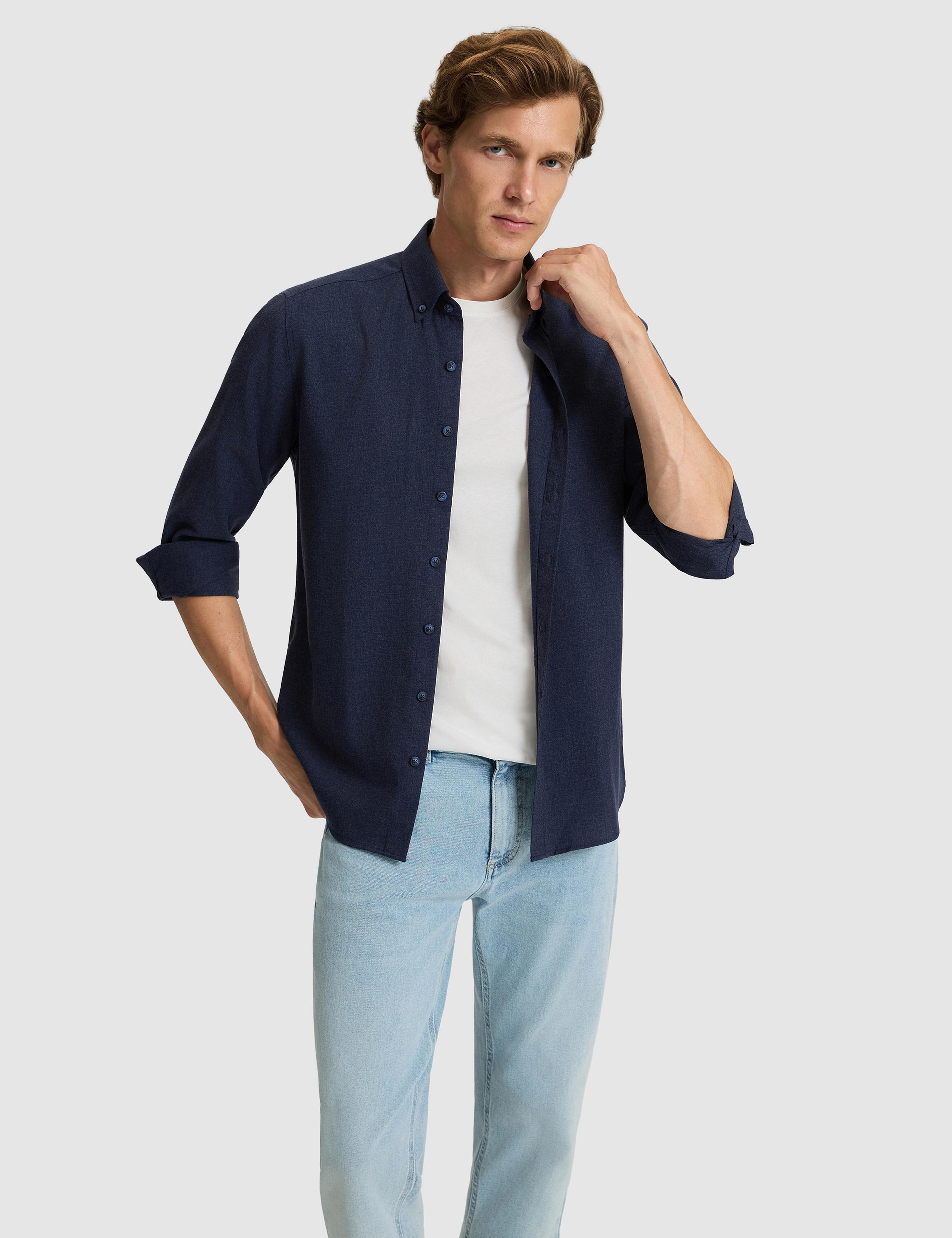 Lacivert Flanel Dokulu Slim Fit Uzun Kollu Gömlek