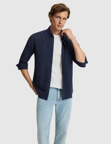 Lacivert Flanel Dokulu Slim Fit Uzun Kollu Gömlek