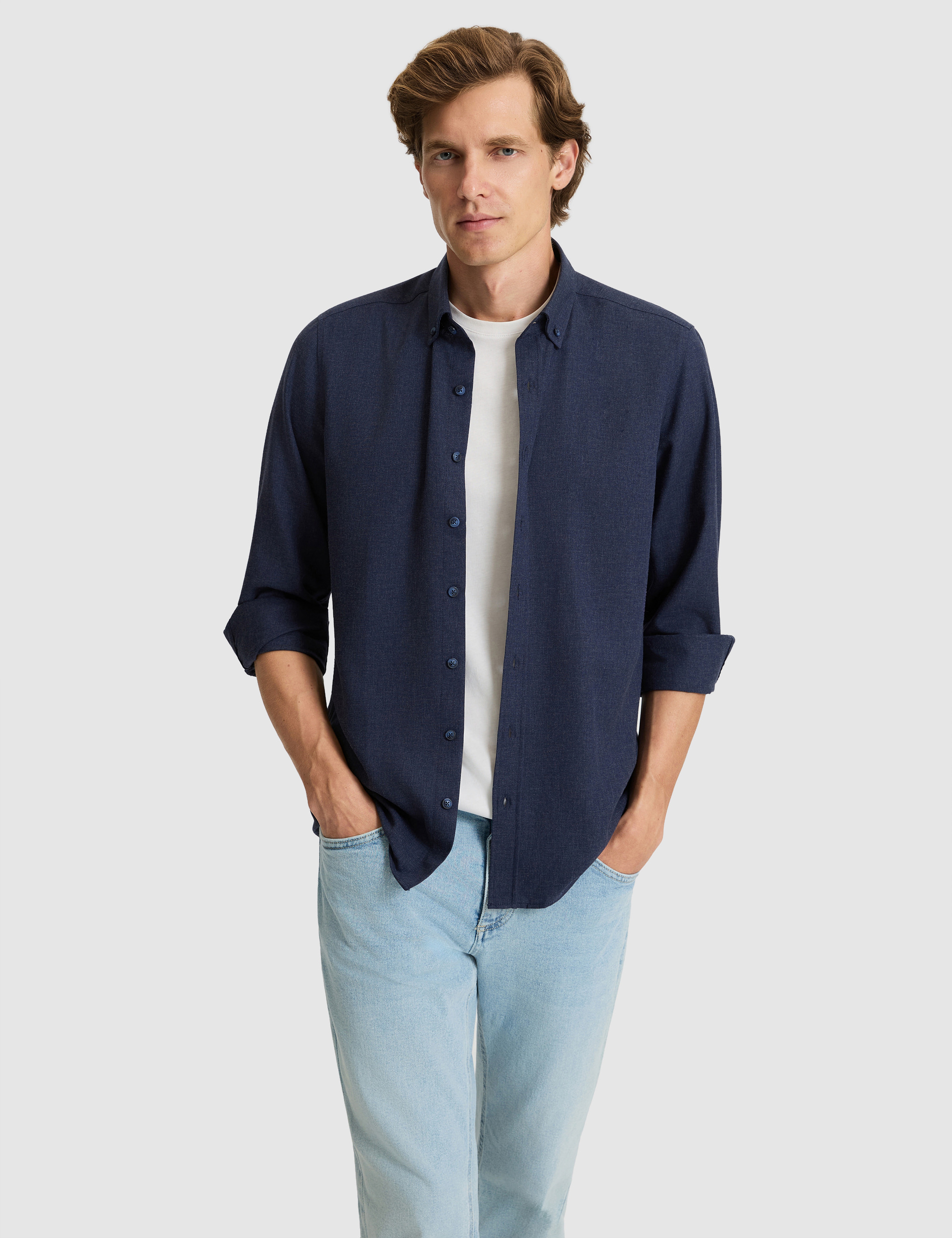 Lacivert Flanel Dokulu Slim Fit Uzun Kollu Gömlek
