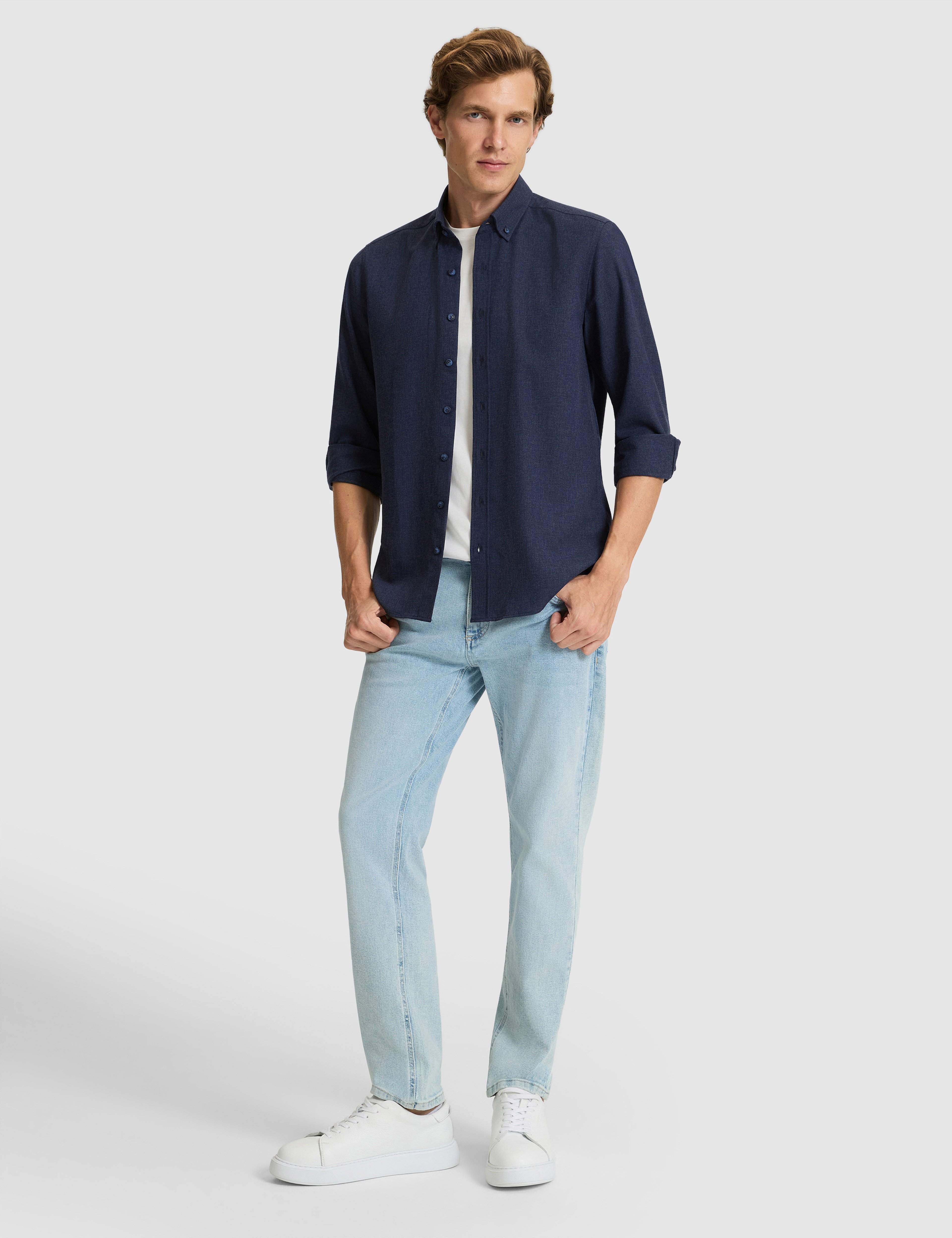 Lacivert Flanel Dokulu Slim Fit Uzun Kollu Gömlek