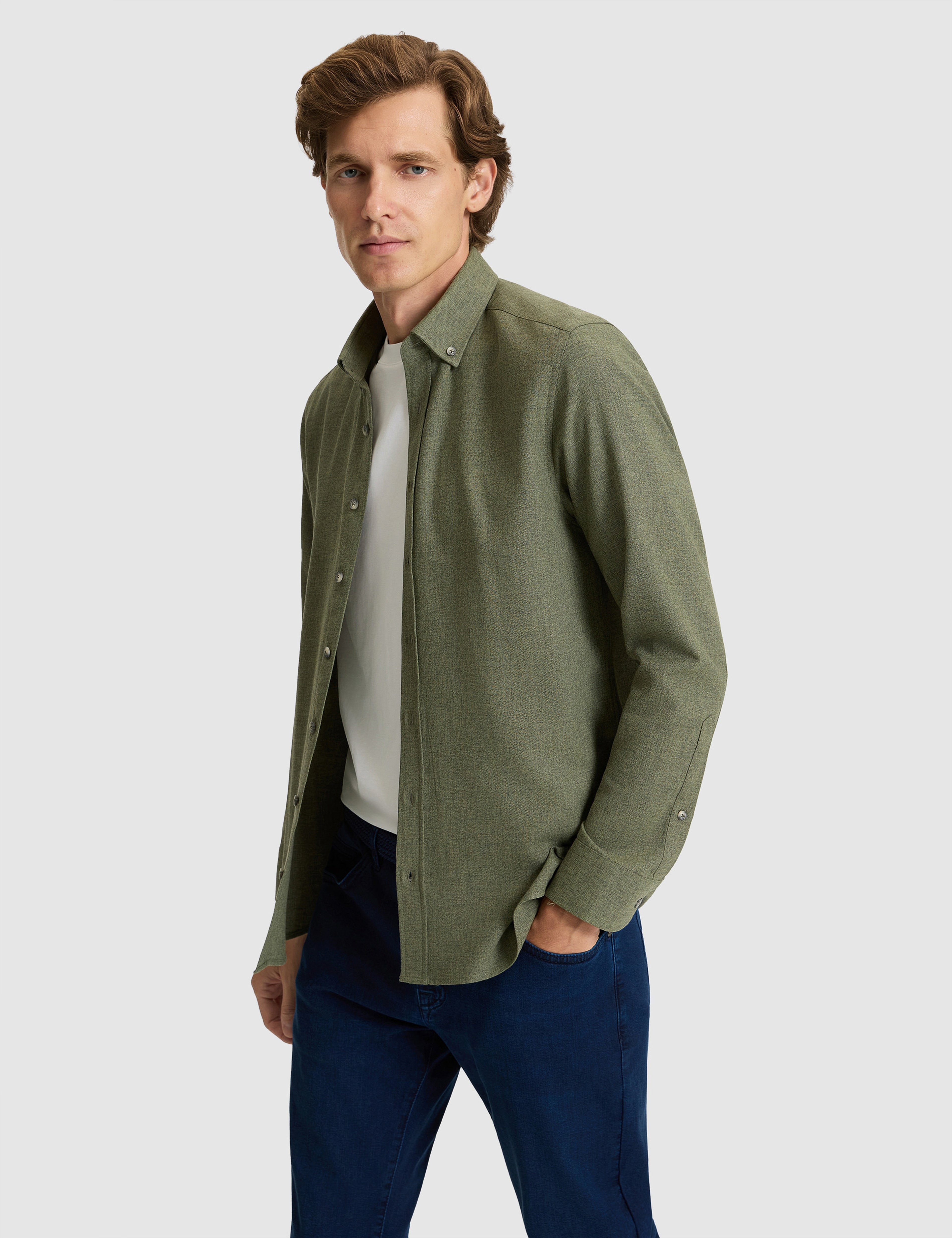Haki Flanel Dokulu Slim Fit Uzun Kollu Gömlek - Image 3