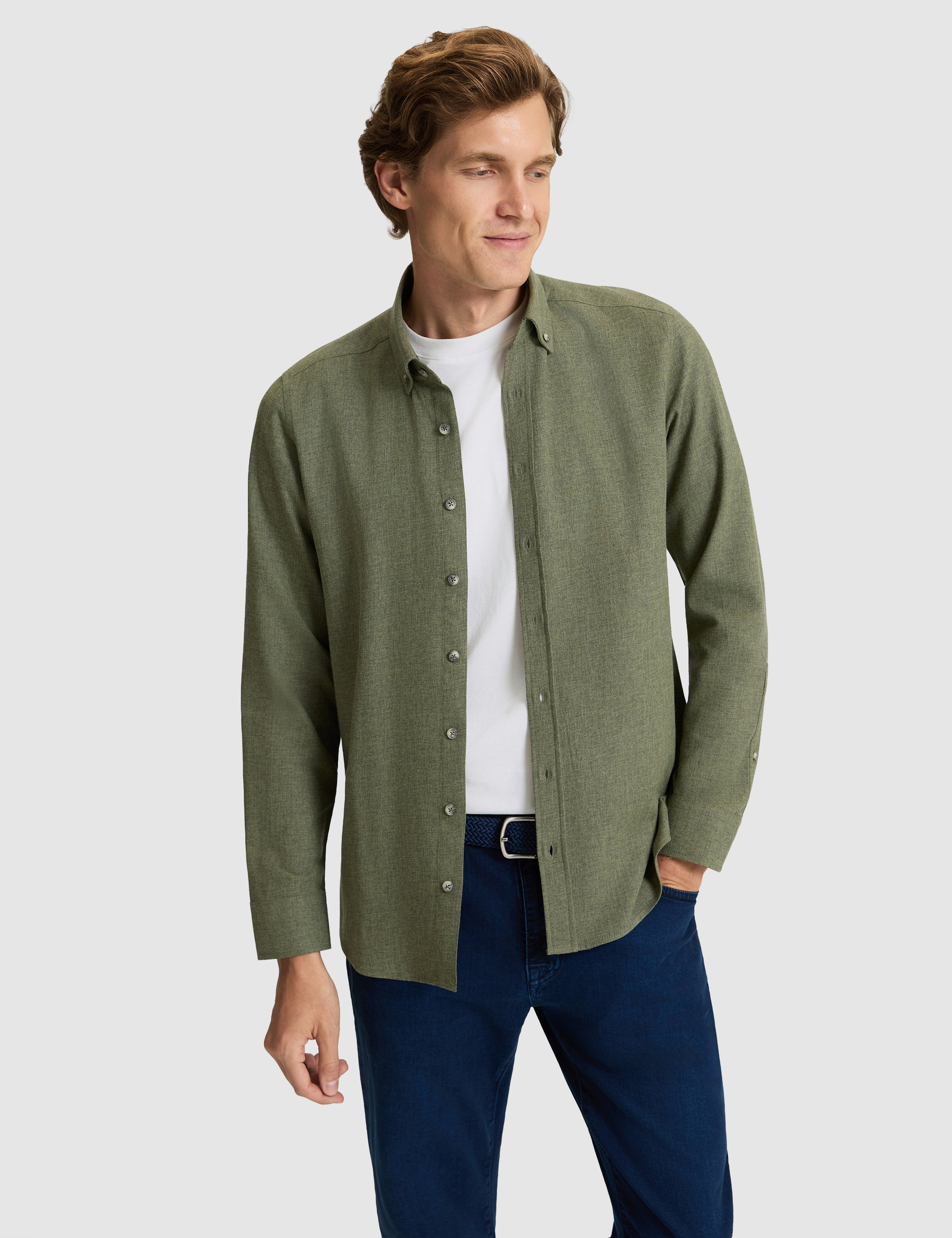Haki Flanel Dokulu Slim Fit Uzun Kollu Gömlek