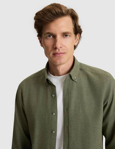 Haki Flanel Dokulu Slim Fit Uzun Kollu Gömlek