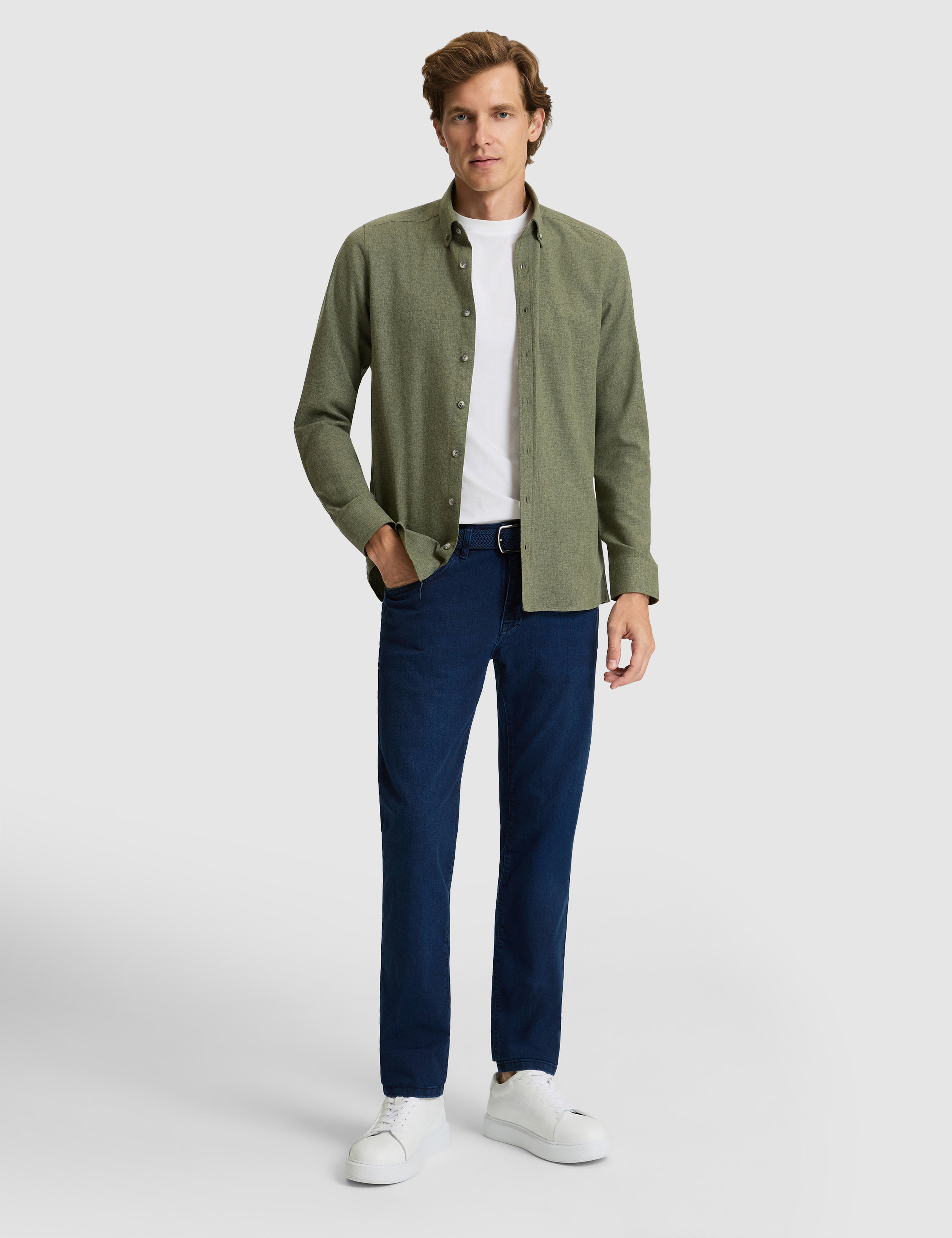 Haki Flanel Dokulu Slim Fit Uzun Kollu Gömlek